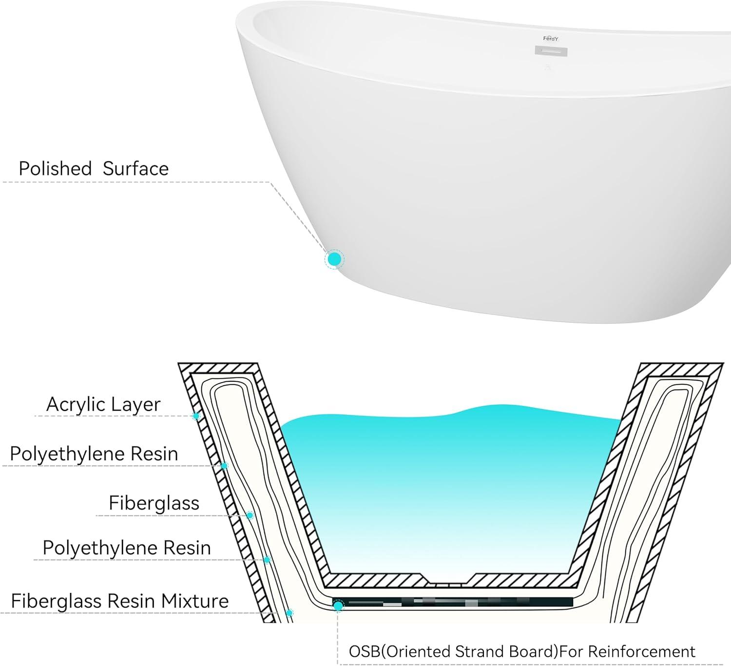 Naha Freestanding Soaking Acrylic Bathtub with Drain