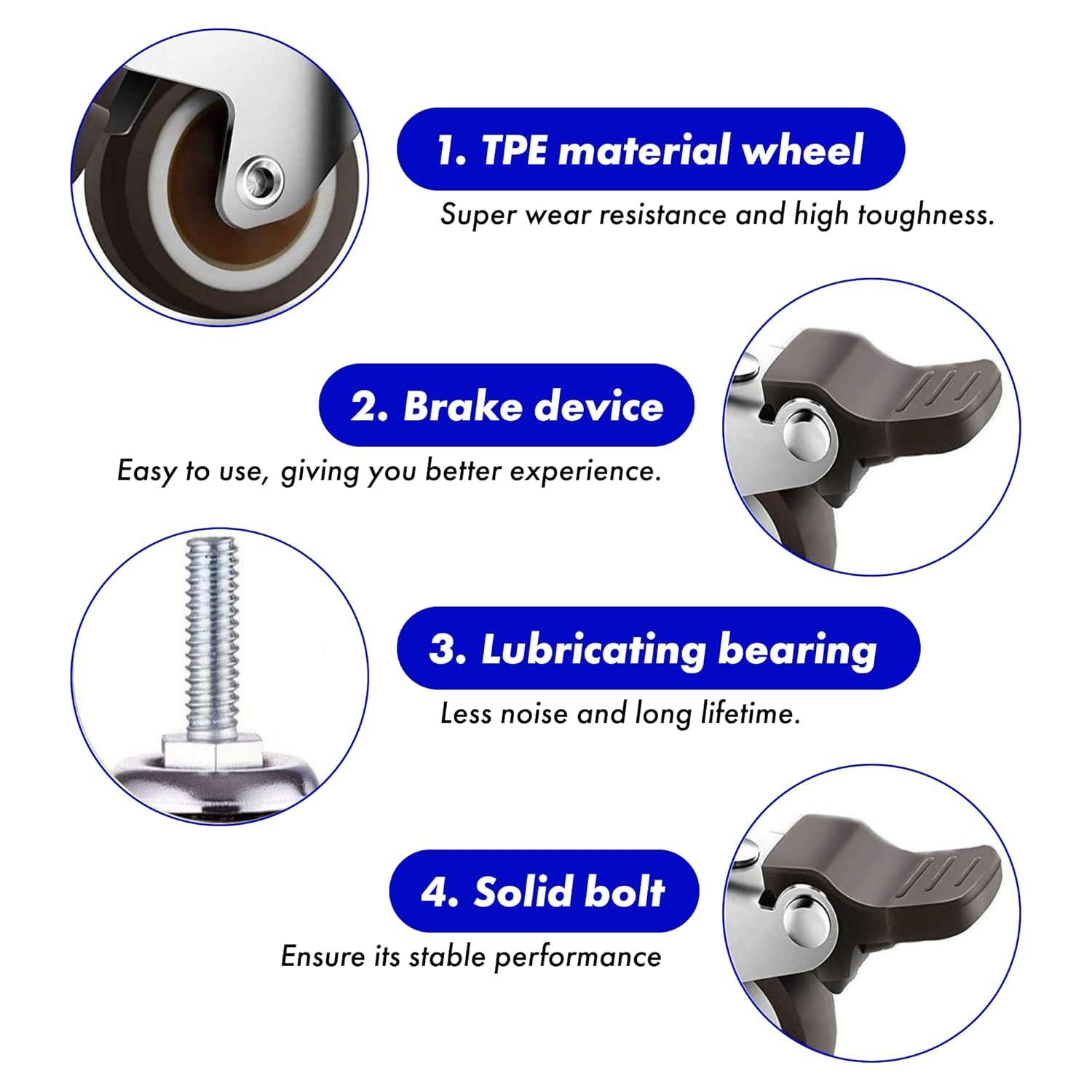 GBL Polyurethane 1 in Swivel Casters with Brakes, Silver, 4 Count, 4 Pack