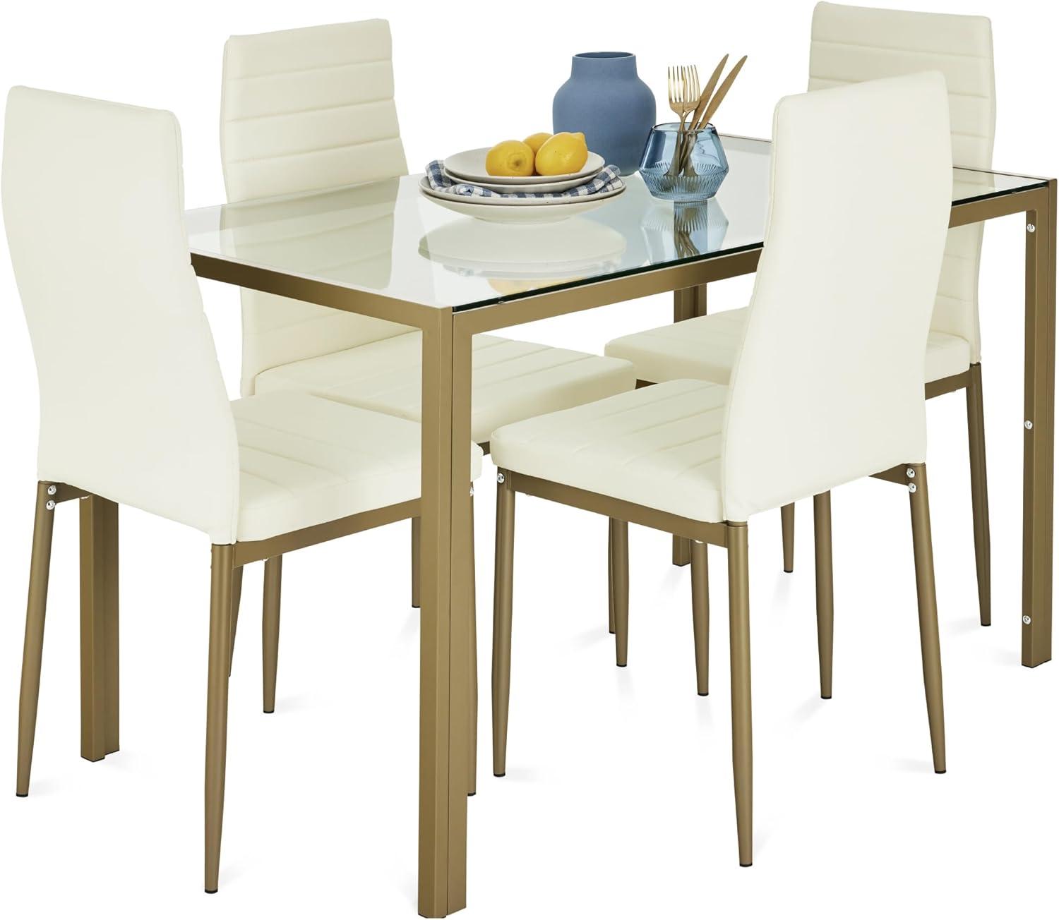 Hekimhan 5-Piece Kitchen Dining Table Set w/ Glass Tabletop, 4 Faux Leather Chairs