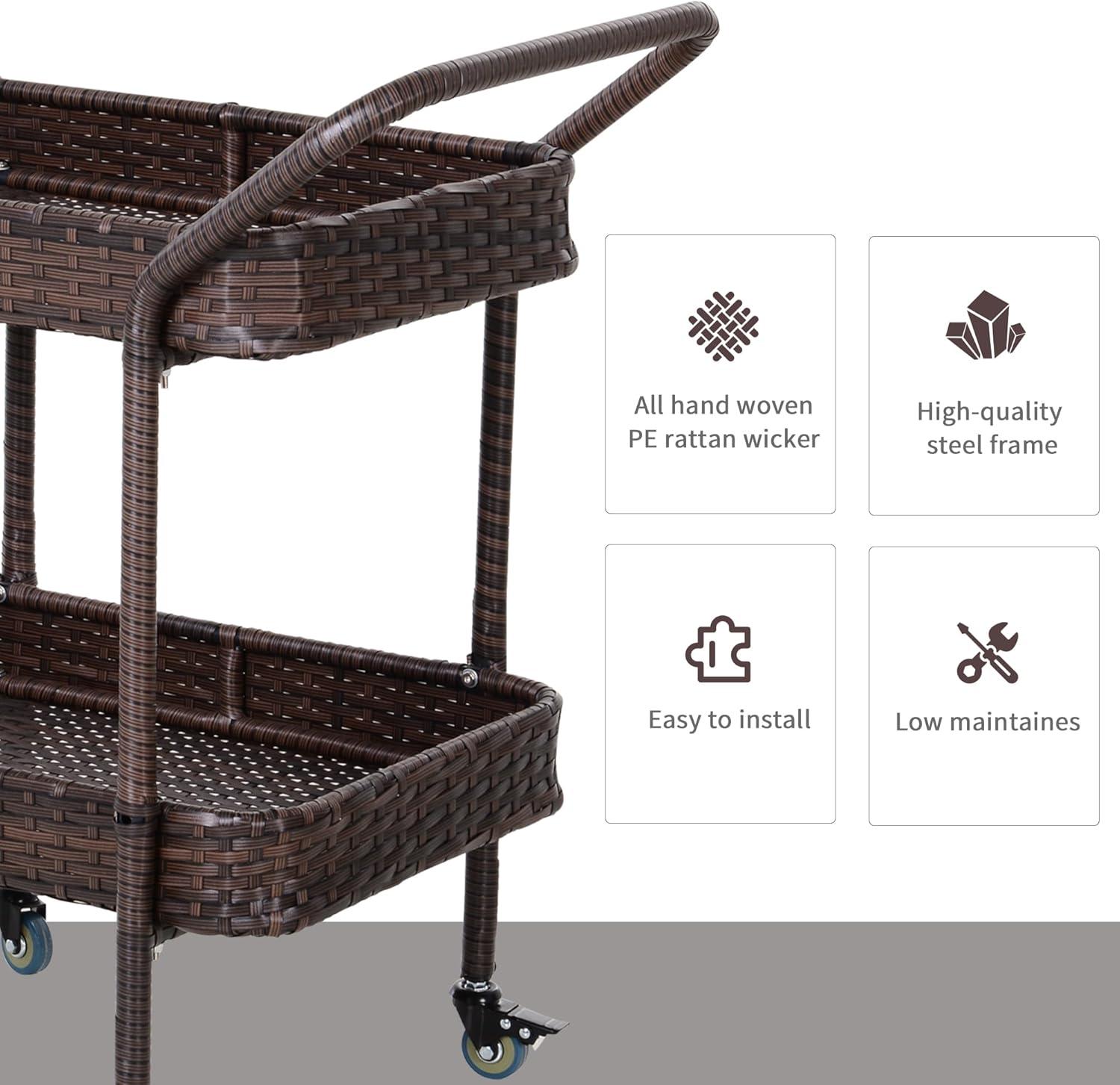 Outsunny Rattan Wicker Serving Cart with 2-Tier Open Shelf, Outdoor Wheeled Bar Cart with Brakes for Poolside, Garden, Patio