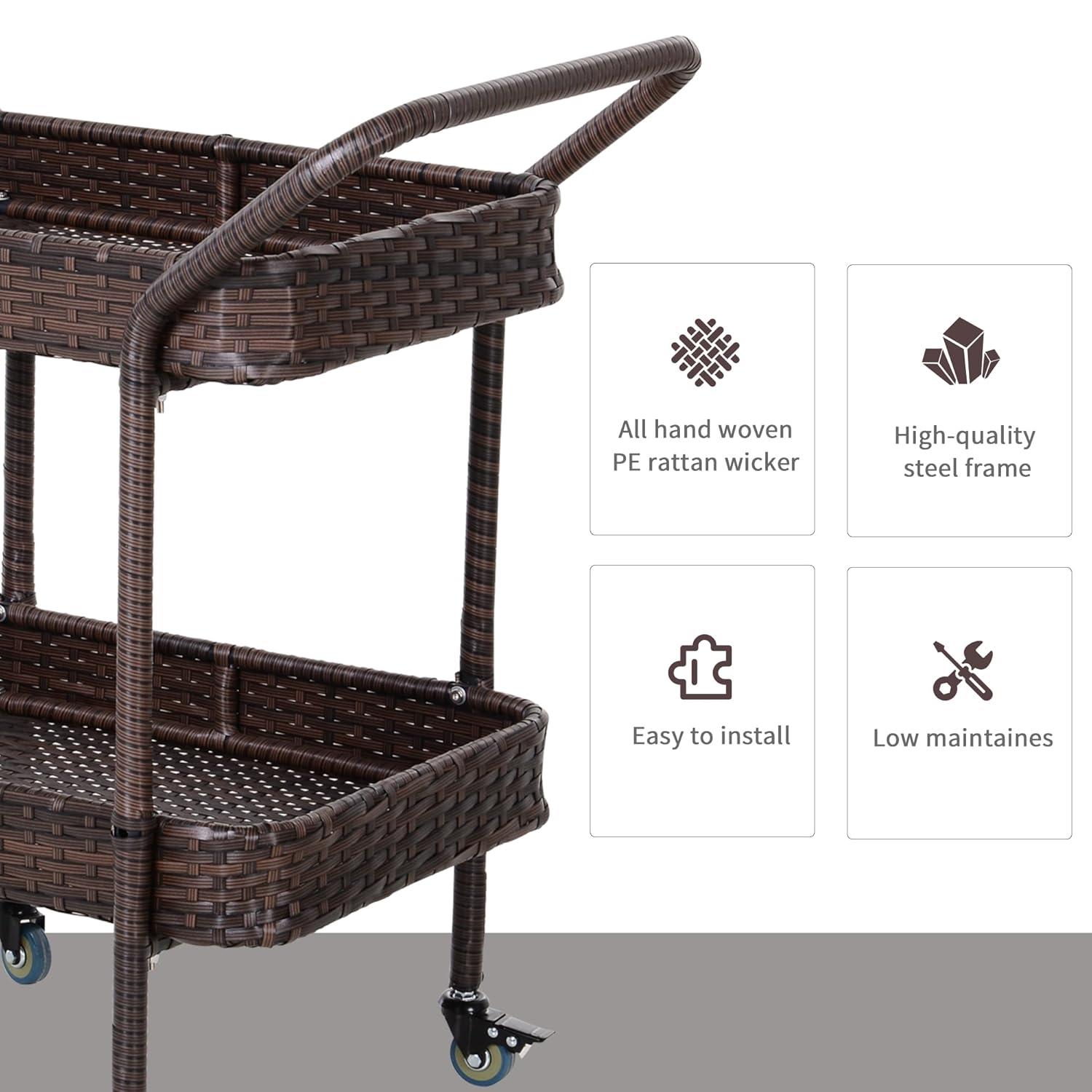 Outsunny Rattan Wicker Serving Cart with 2-Tier Open Shelf, Outdoor Wheeled Bar Cart with Brakes for Poolside, Garden, Patio