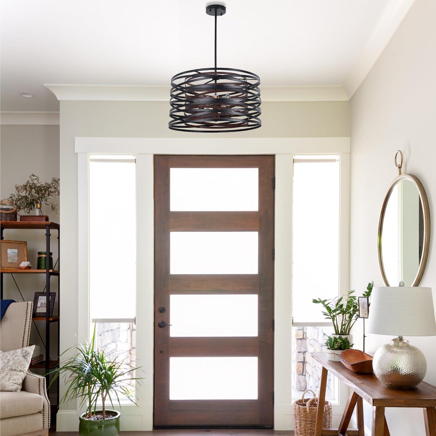 Dining Room Lighting Fixture, 5-Light Farmhouse Black Chandelier Drum Light, Round Metal with Retro Wood Texture Interior, E12 Bulbs Not Included