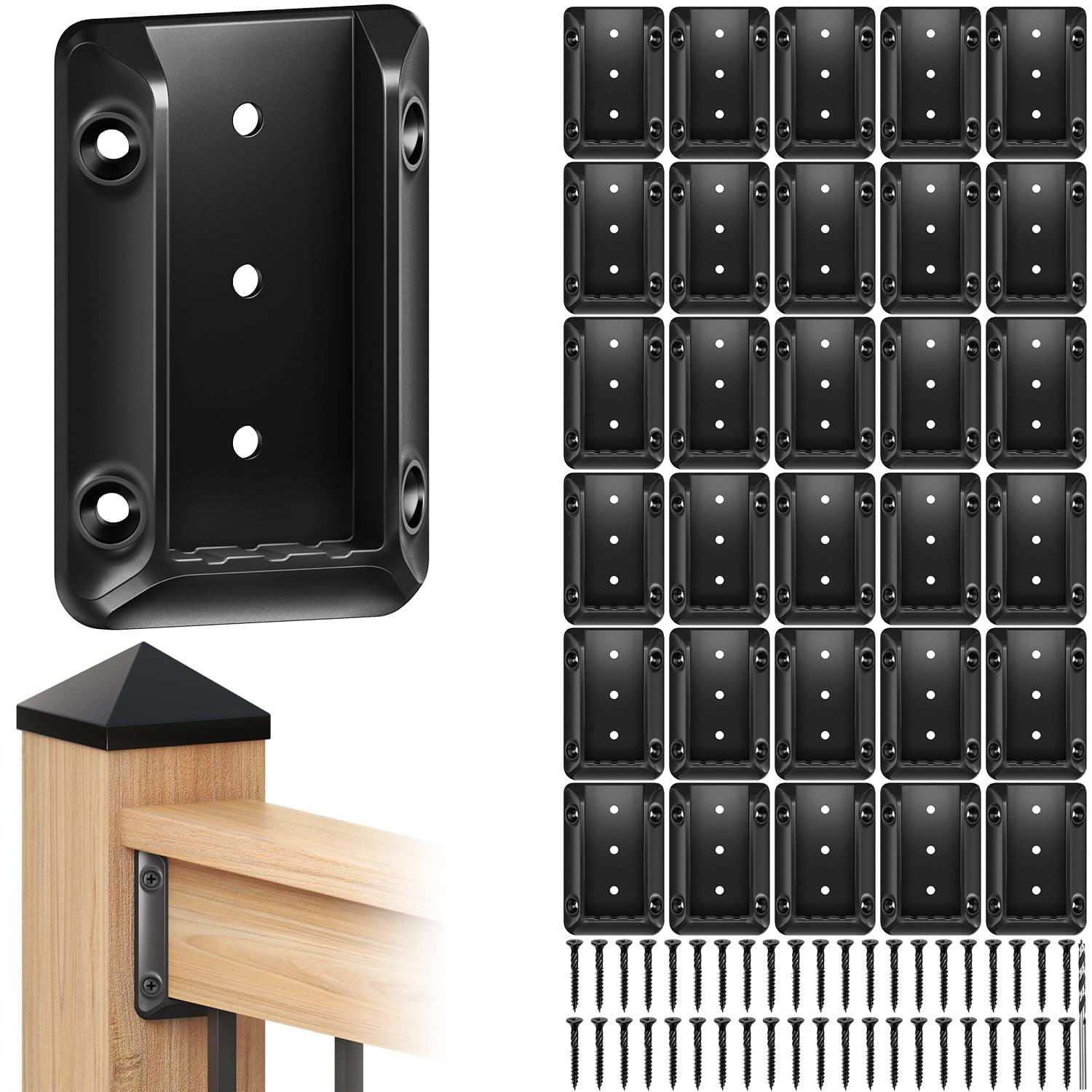 30 Pcs Deck Railing Bracket Connectors for 2"×4“ (Actually 1.5”x3.5“) Wood Post to Handrail Connection, Railing Connectors with 210 Pcs Galvanized Black Screws for Wooden Stair Fence Railings