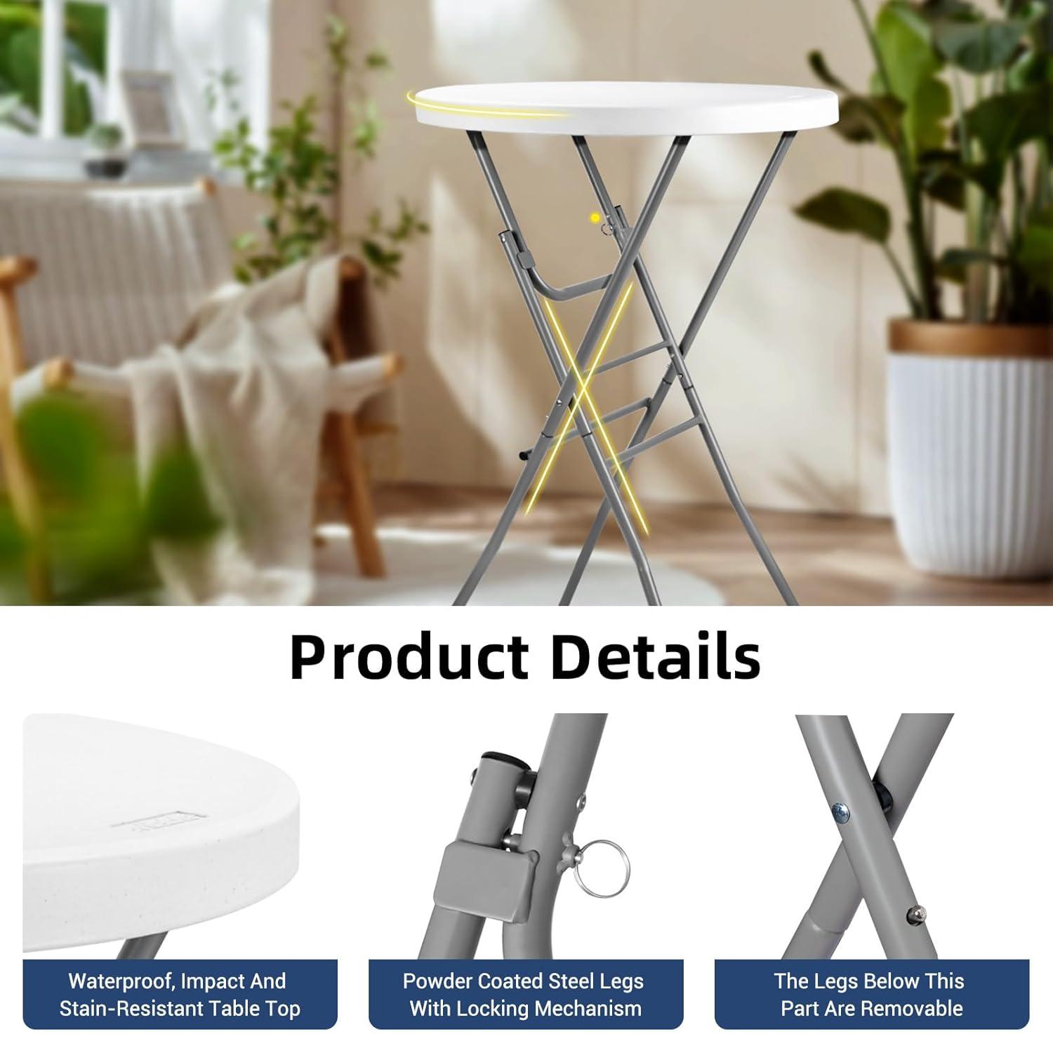 28in Cocktail Table White High Top Folding, Round Portable Bar Height Folding Table with Removable Legs, Indoor Outdoor Banquet for Parties, Commercial, Speech, School