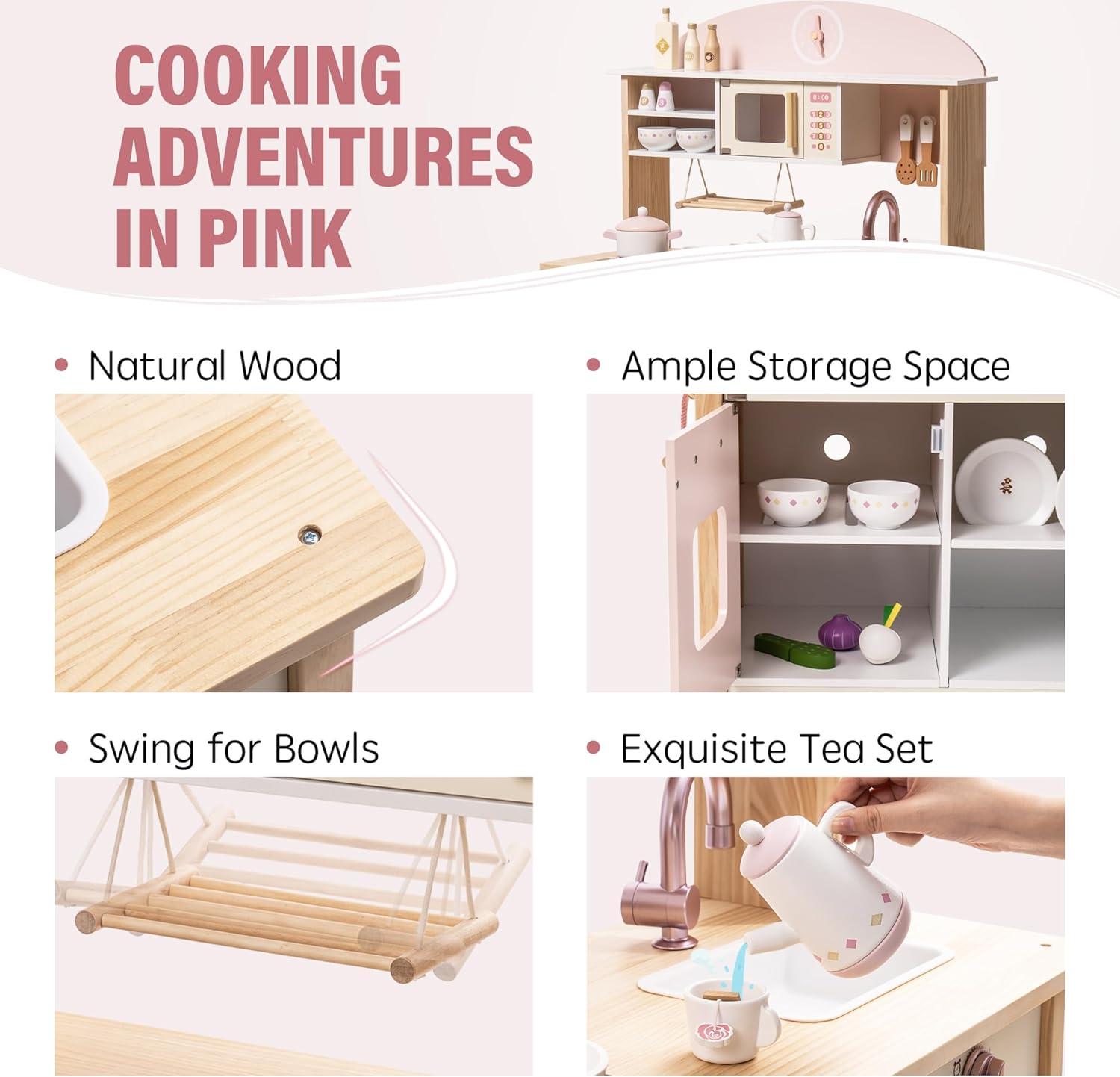 ROBOTIME Wooden Play Kitchen with Realistic Accessories for Kids Toddlers Girls & Boys Modern Style Cooking Toy Pink Kitchen