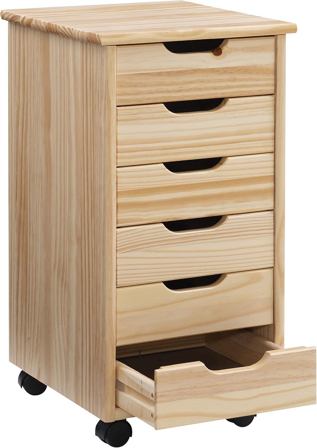 Natural Pine Six Drawer Rolling Storage Cart