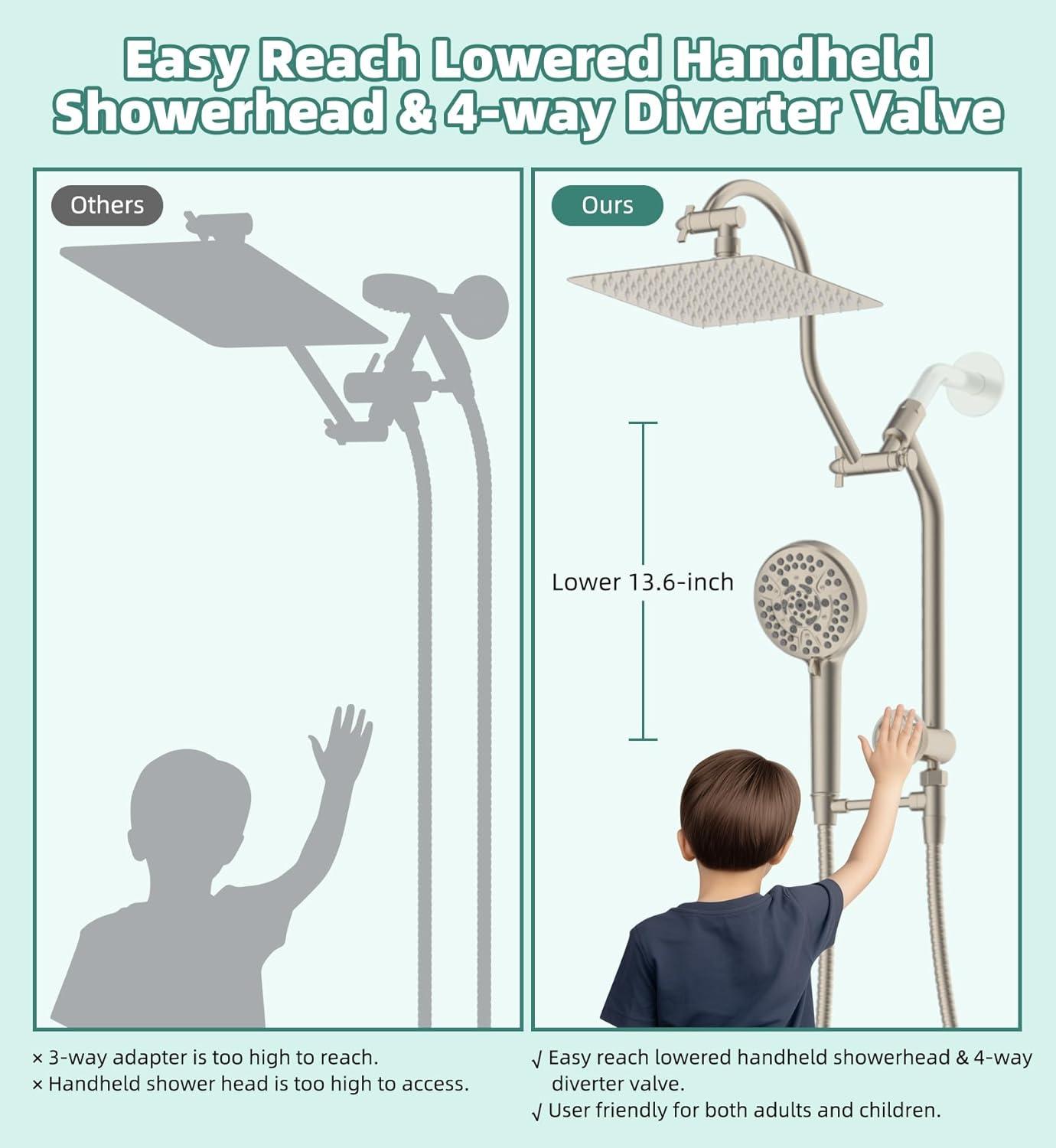10'' High Pressure Rainfall Shower Head/Handheld Showerhead Combo with 12'' Adjustable Curved