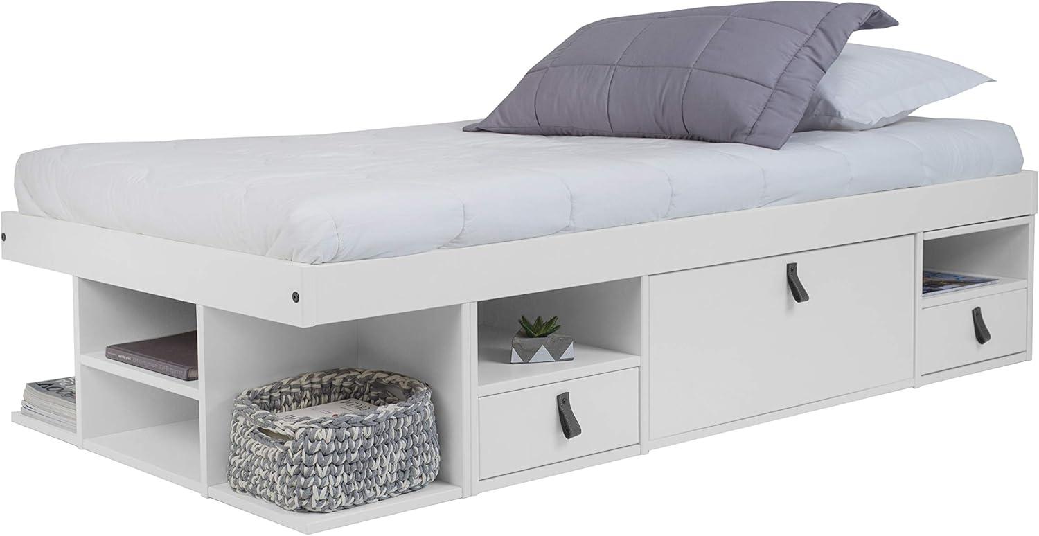 Memomad Bali Storage Platform Sturdy Bed Frame with Drawers and More (White Wood Twin Size)