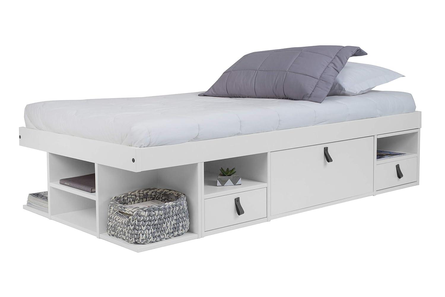 Memomad Bali Storage Platform Sturdy Bed Frame with Drawers and More (White Wood Twin Size)