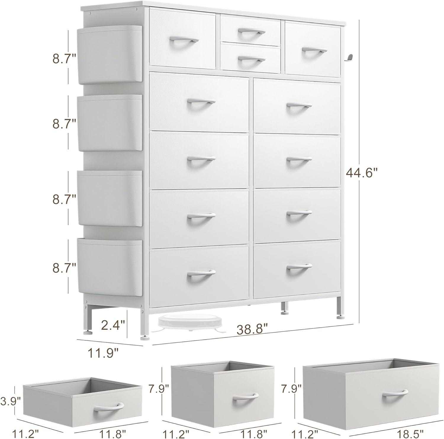 Lulive Dresser for Bedroom with 12 Drawers, Tall Dresser Chest of Drawers with Side Pockets and Hooks, Fabric Dresser Storage Tower for Closet, Hallway, Living Room (White)