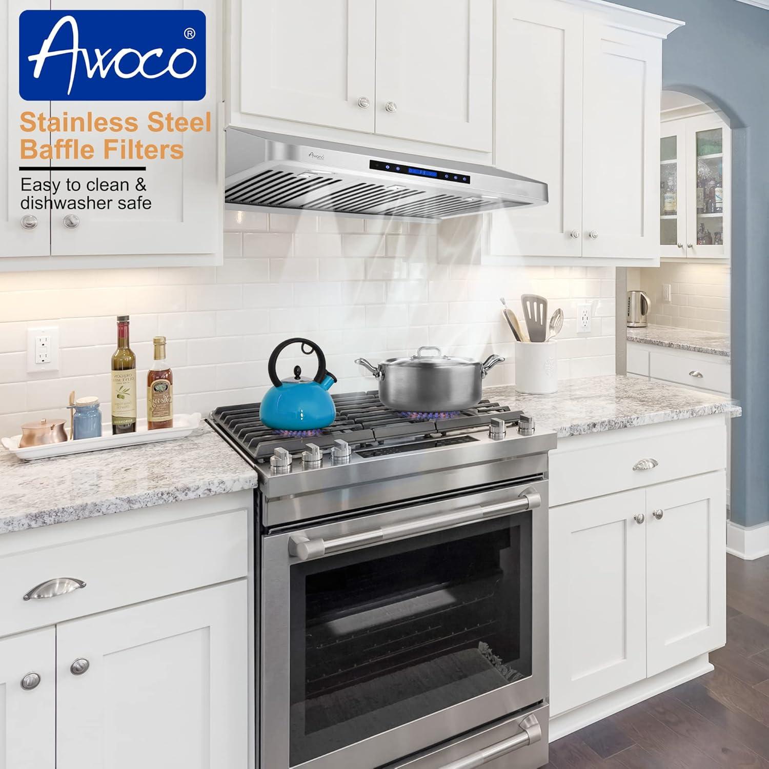 Awoco 30" Stainless Steel 1000 CFM Ducted (Vented) Under Cabinet Range Hood with Baffle Filter