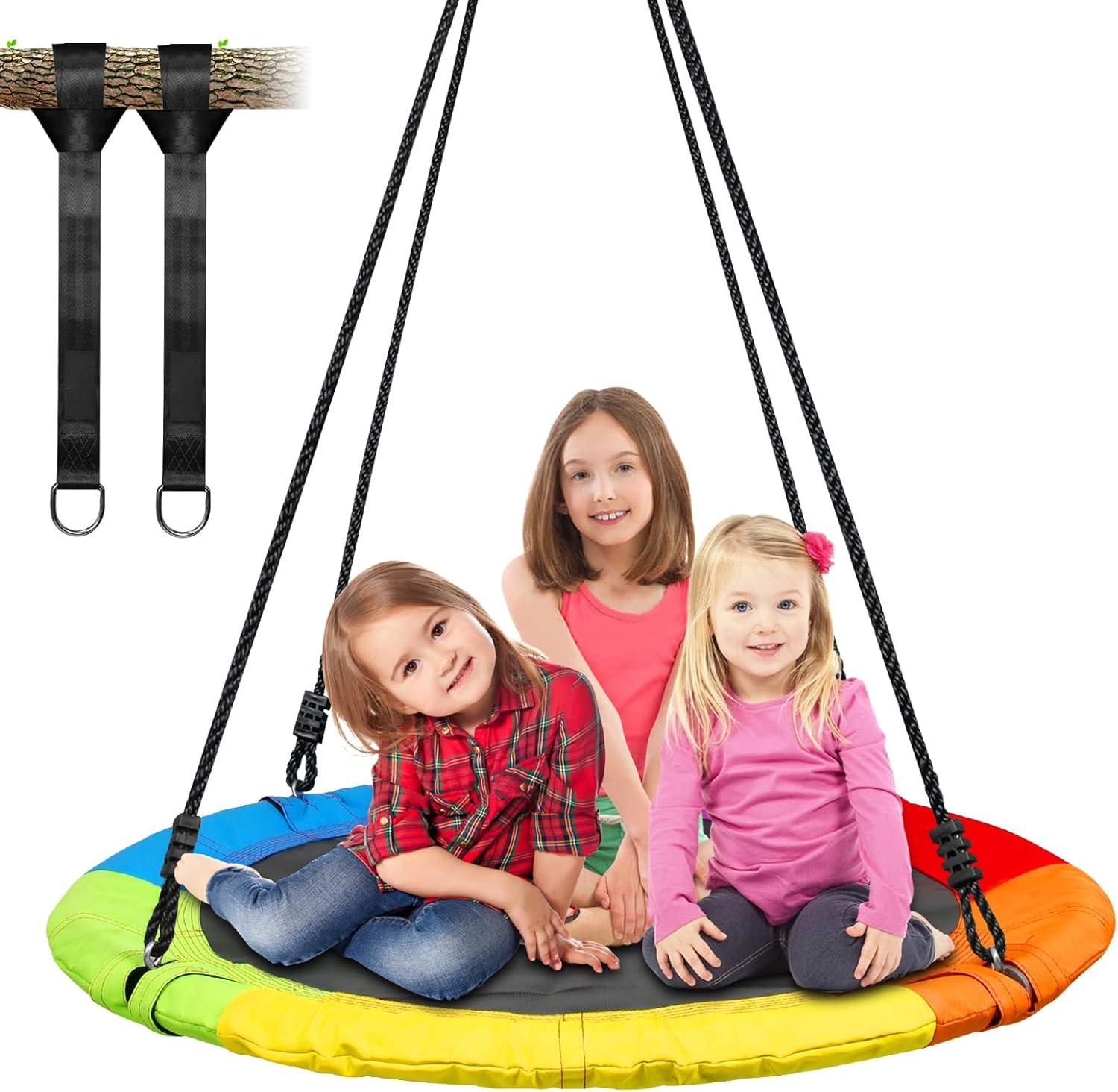 KloKick Saucer Tree Swing 700lb 40in for Kids Adults Waterproof Sets with 2pcs Tree Hanging Straps, Heavy-Duty Steel Frame & Adjustable Ropes, Rainbow