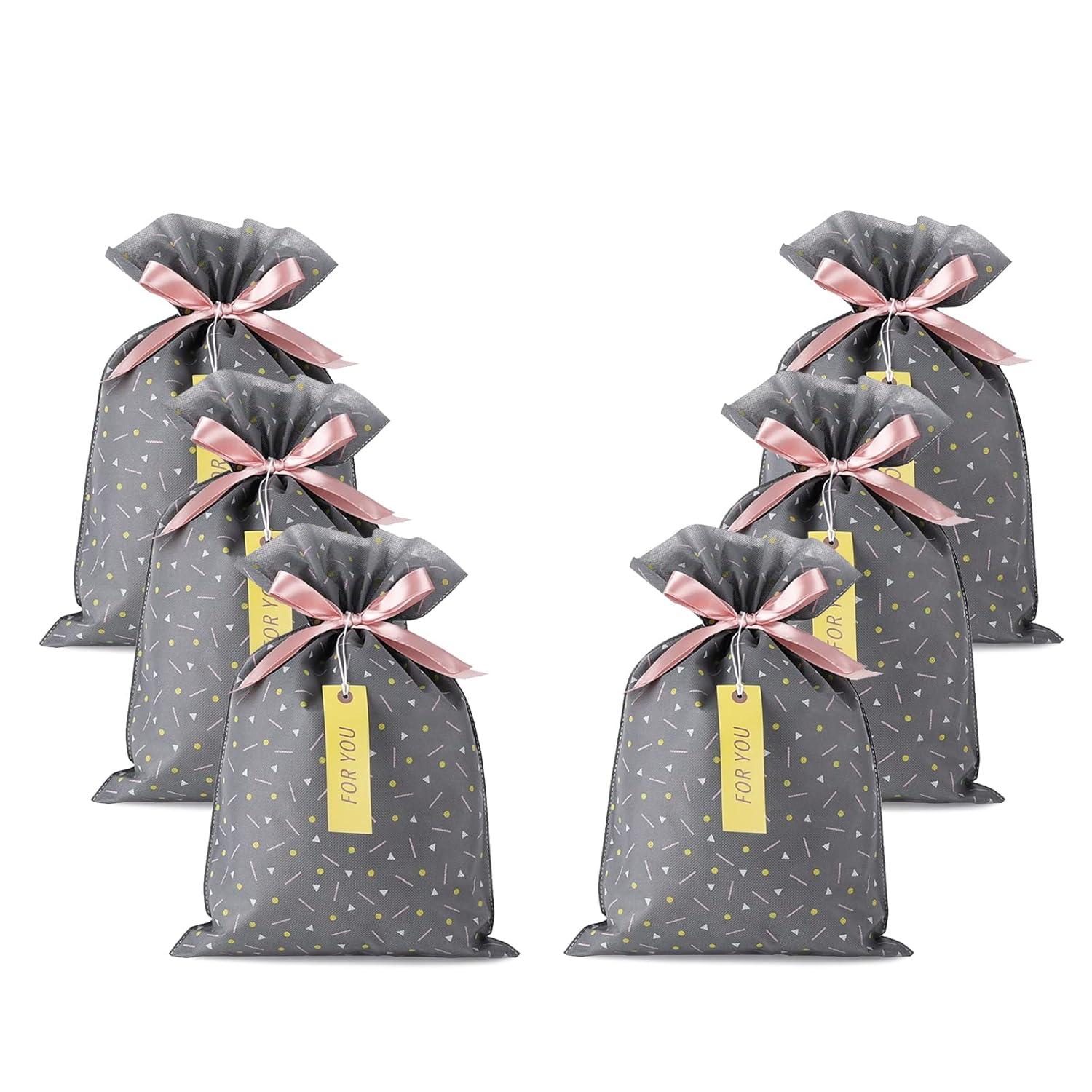 Yatinbos Fabric Gift Wrap Bags, Grey Reusable Cloth Gift Bags Sets of 6 with Drawstring and Tags for Christmas Holiday, Birthday, Wedding or Daily Gift, 12" x 18"