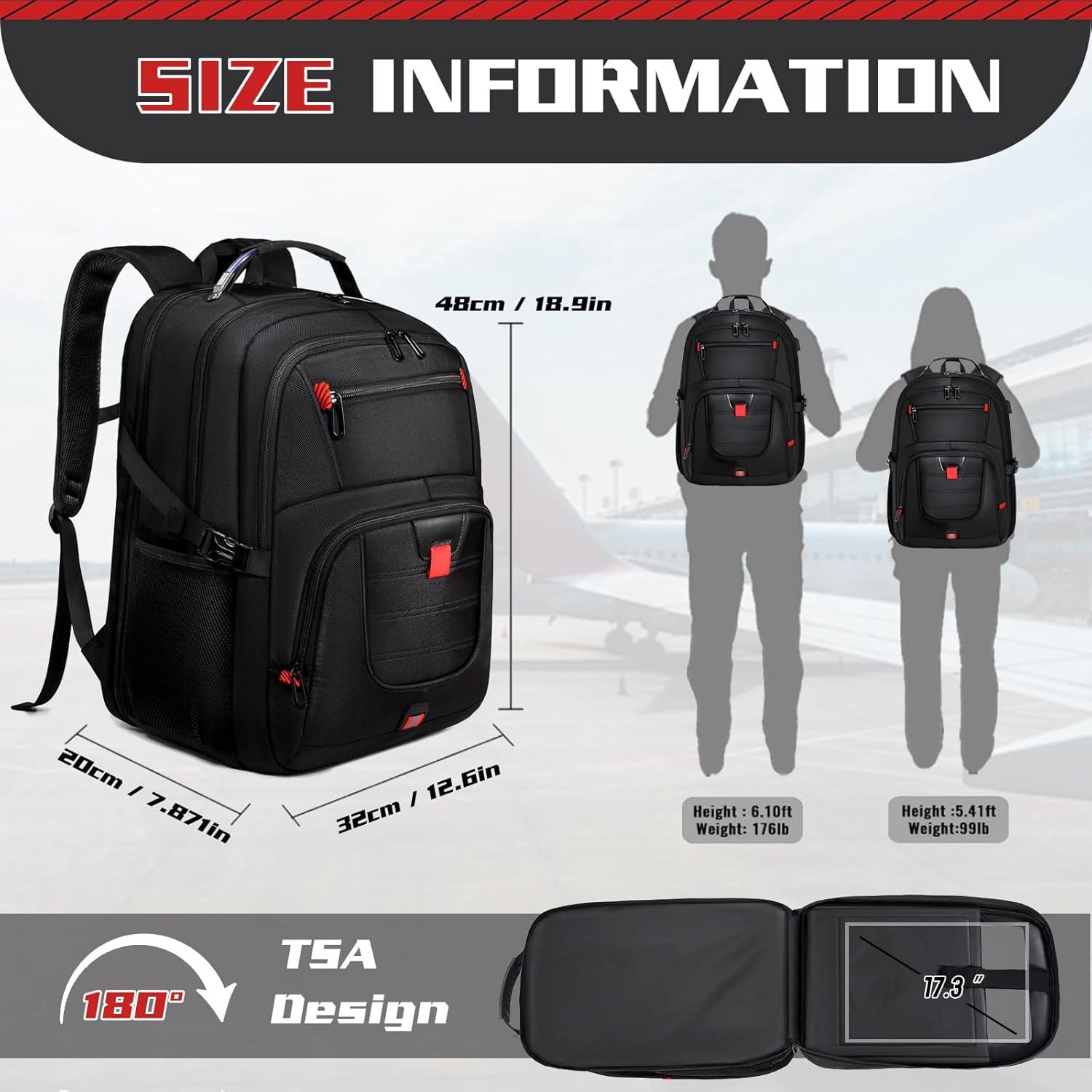 50L Travel Backpack, 17 inch Laptop Backpack for Men, Extra Large Sturdy TSA Friendly with USB Port College School Rucksack Bag Gifts for Him Men Women, Black