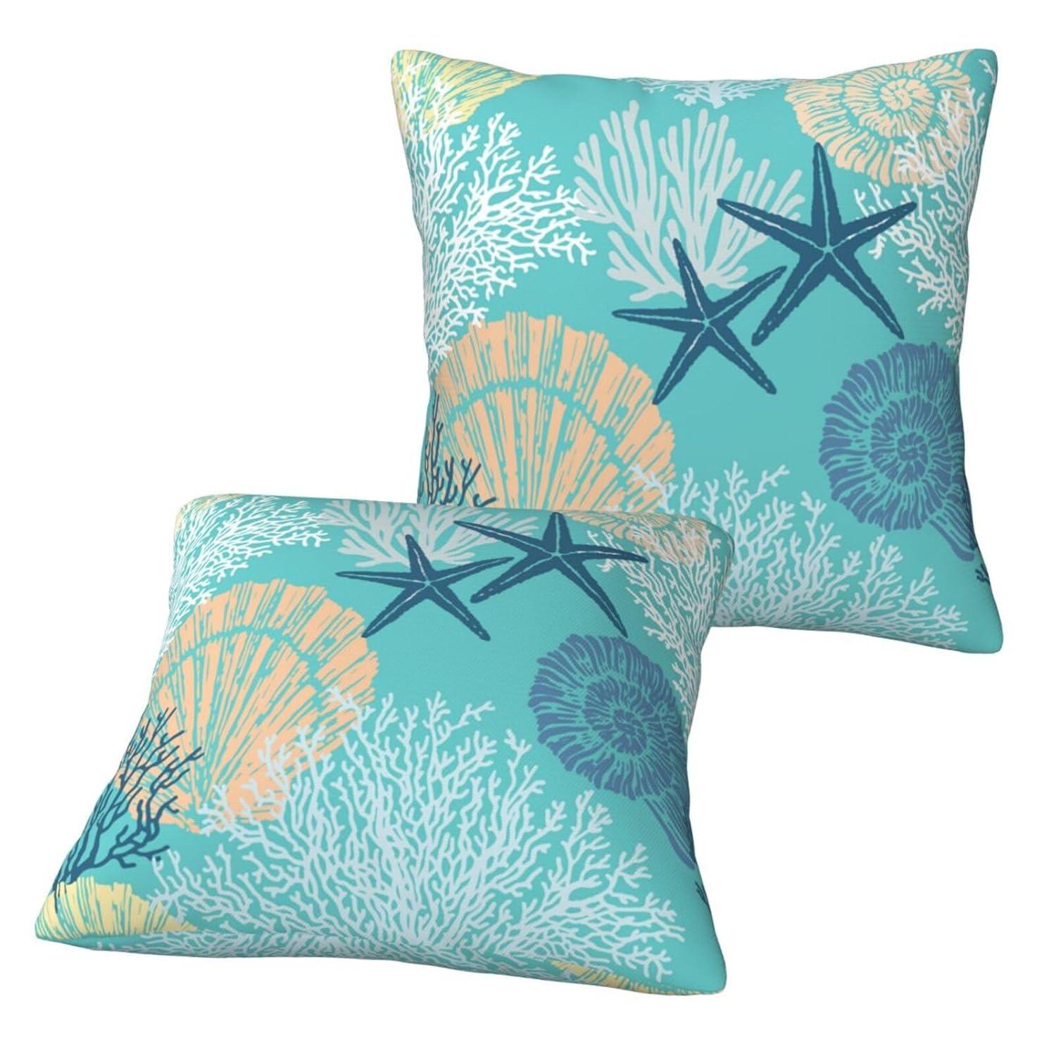 Burnt Orange Summer Outdoor Coastal Pillow Covers 18x18 Inch Set of 2 Fall Coral Seashell Starfish Throw Pillows Ocean Themed Beach Nautical Decorative Cushion Cases for Couch Decorations