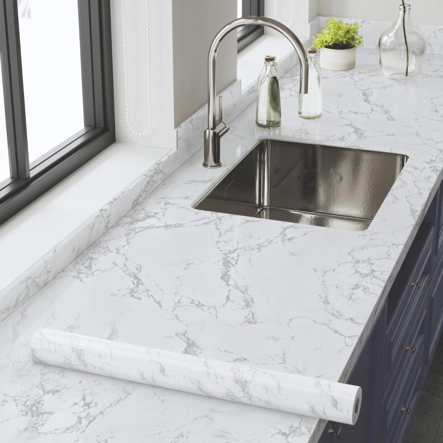 Abyssaly 15.7" x 118"Marble Paper Granite Gray/White Self Adhesive Removable Gloss Vinyl Film Decorative for Countertops Furniture Renovated Wallpaper Shelf Effect