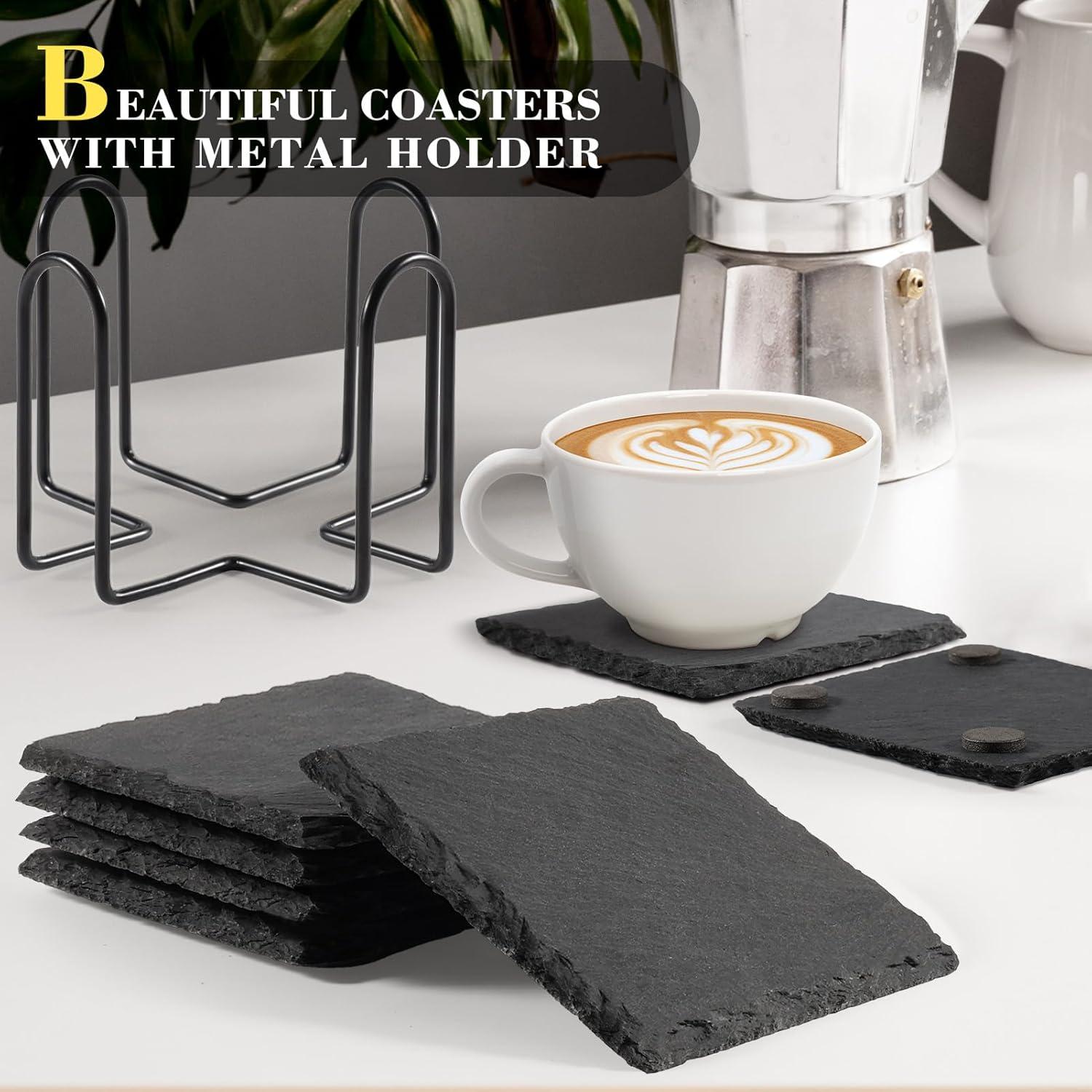 Black Slate 4-Inch Square Drink Coasters with Metal Holder