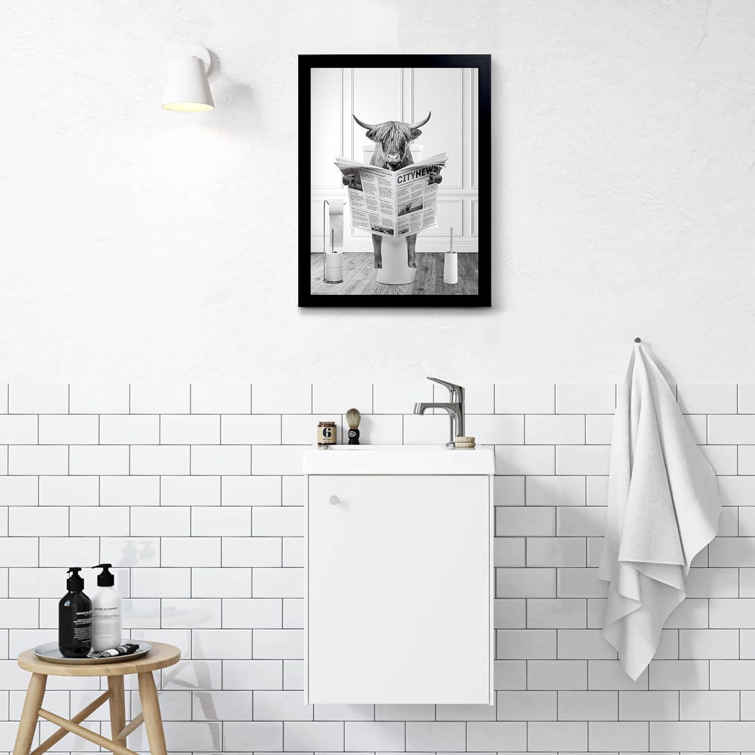 Modern Black Framed Highland Cow Wall Art Minimalist Bathroom Wall Decor Cute Funny Animals Artwork Canvas Prints Ready to Hang for Guest Bathroom, Hotel, Condo, Kids Bathroom, 12”x16”