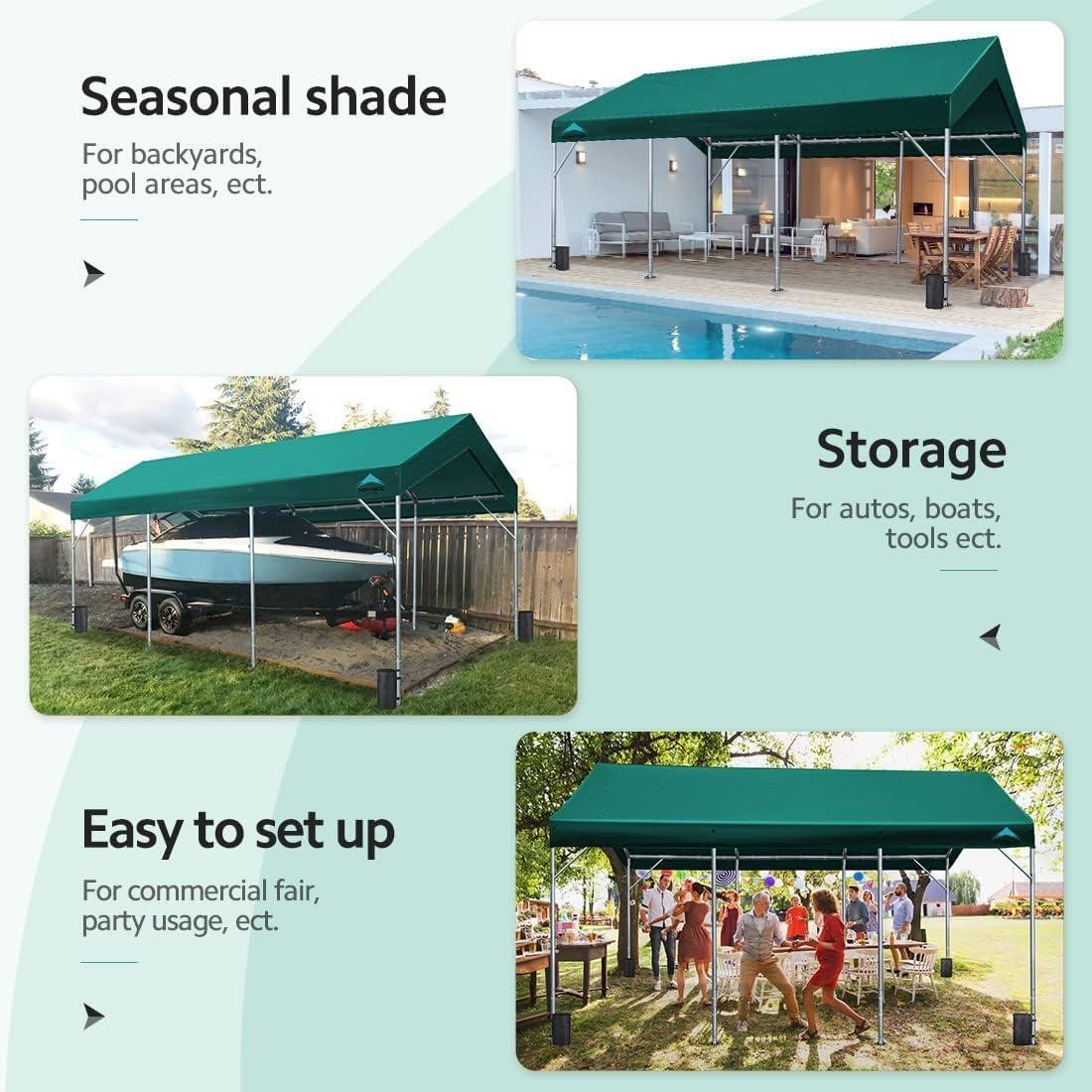 ADVANCE OUTDOOR 12x20 ft Carport with Adjustable Height from 9.5 ft to 11 ft, Heavy Duty Car Canopy, 8 Legs with 8 Reinforced Poles and 4 Sandbags, Green