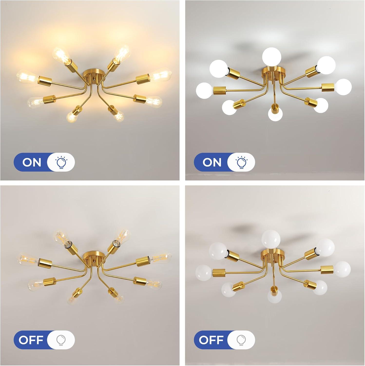 Gold Metal 8-Light Sputnik Semi Flush Mount Ceiling Light