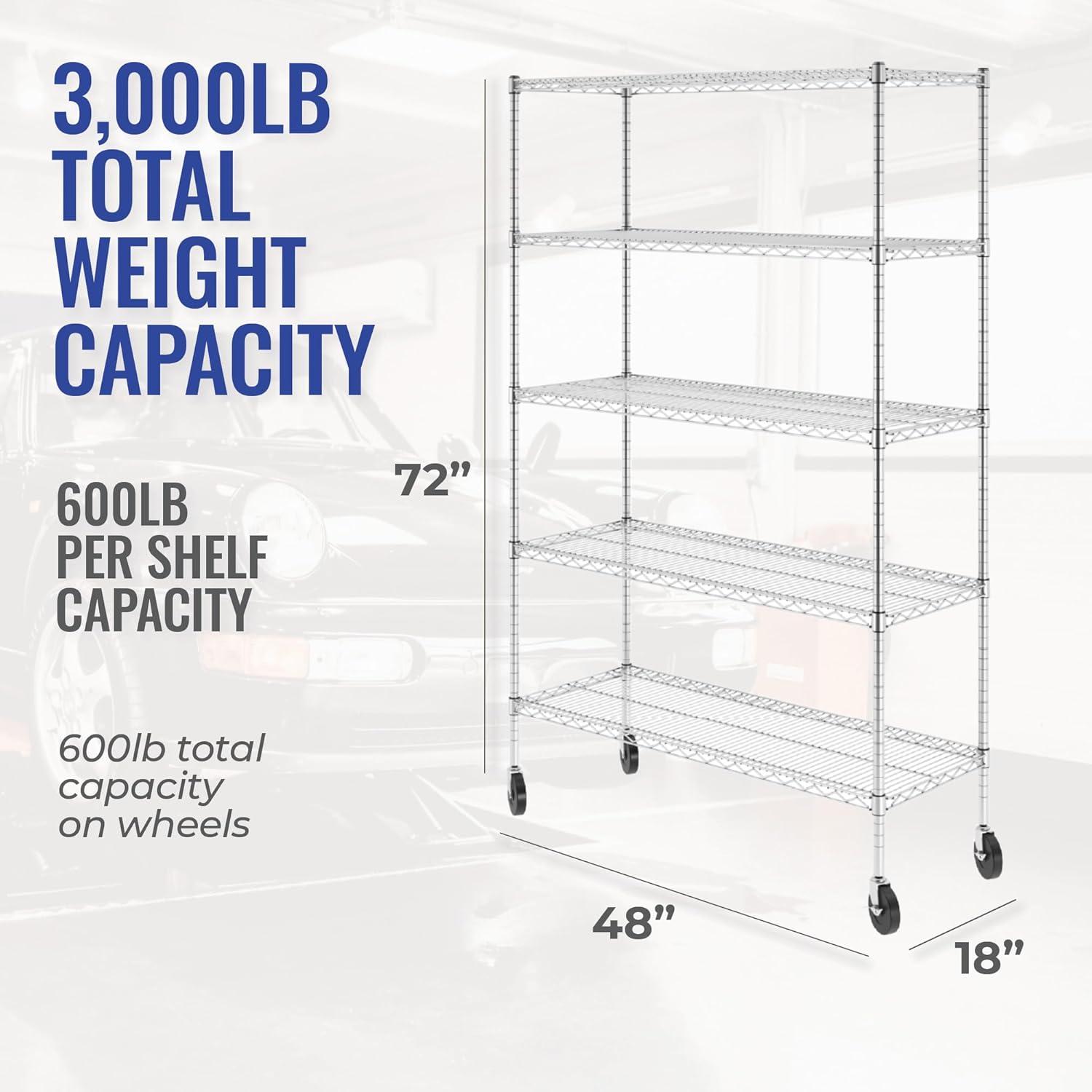 Zinc Finish 5-Tier Heavy-Duty Wire Shelving Unit, 18"x48"x72"