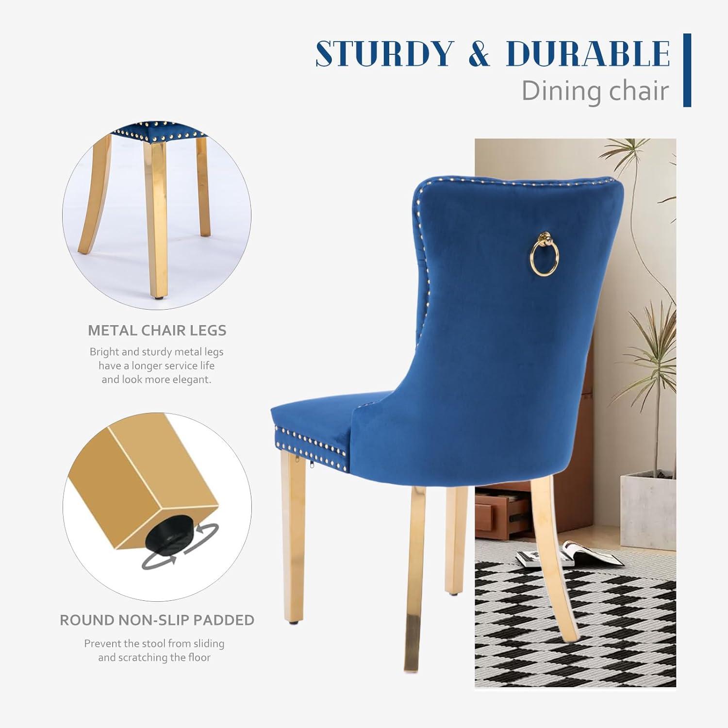 Deep Blue Velvet Upholstered Dining Chairs with Gold Legs, Set of 6