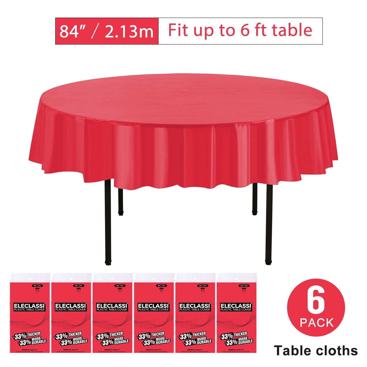 Crown Display Premium Quality Plastic Tablecloth 84 Inch. Round- Red- 6 Packs