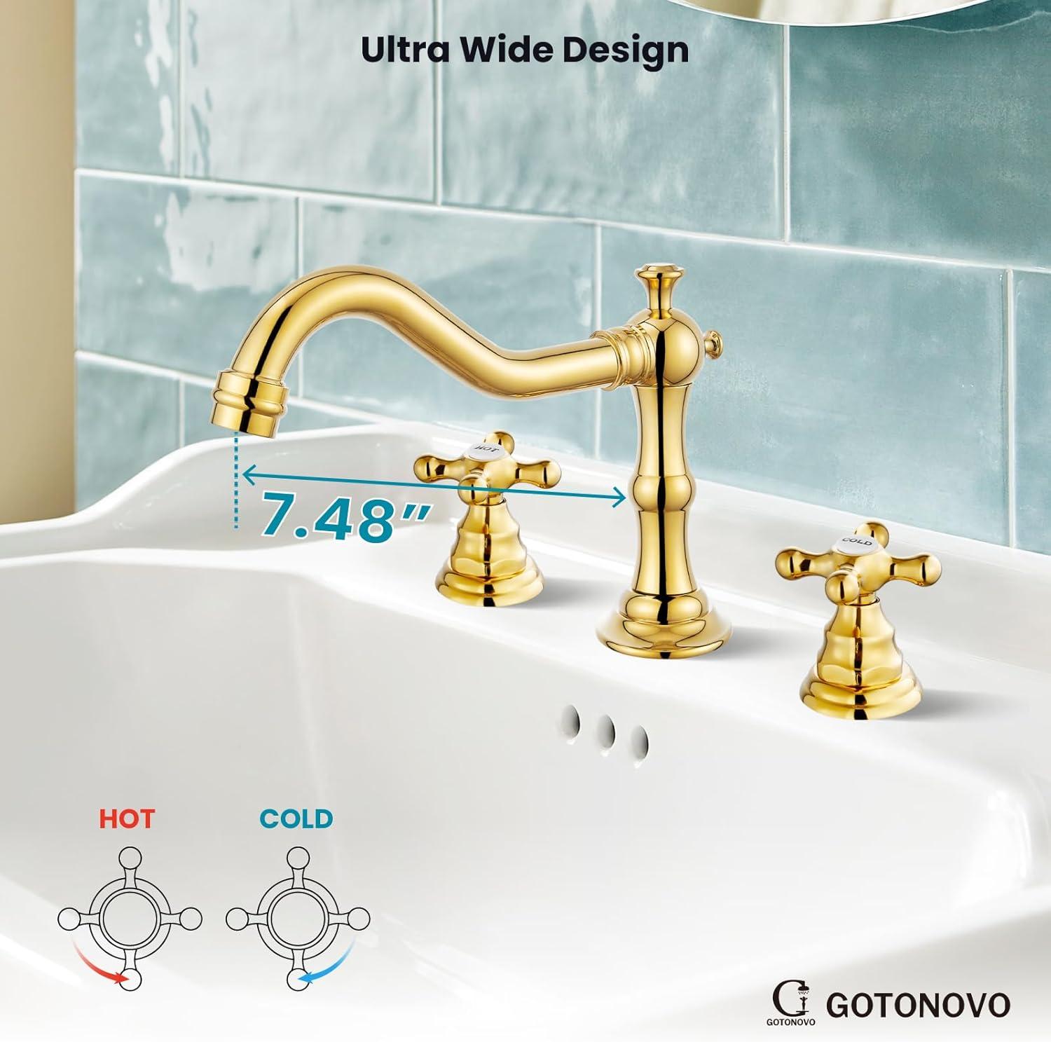 GGStudy 8-16 inch Two Handles 3 Holes Widespread Bathroom Sink Faucet Gold Basin Mixer Tap Faucet Matching Metal Pop Up Drain with Overflow