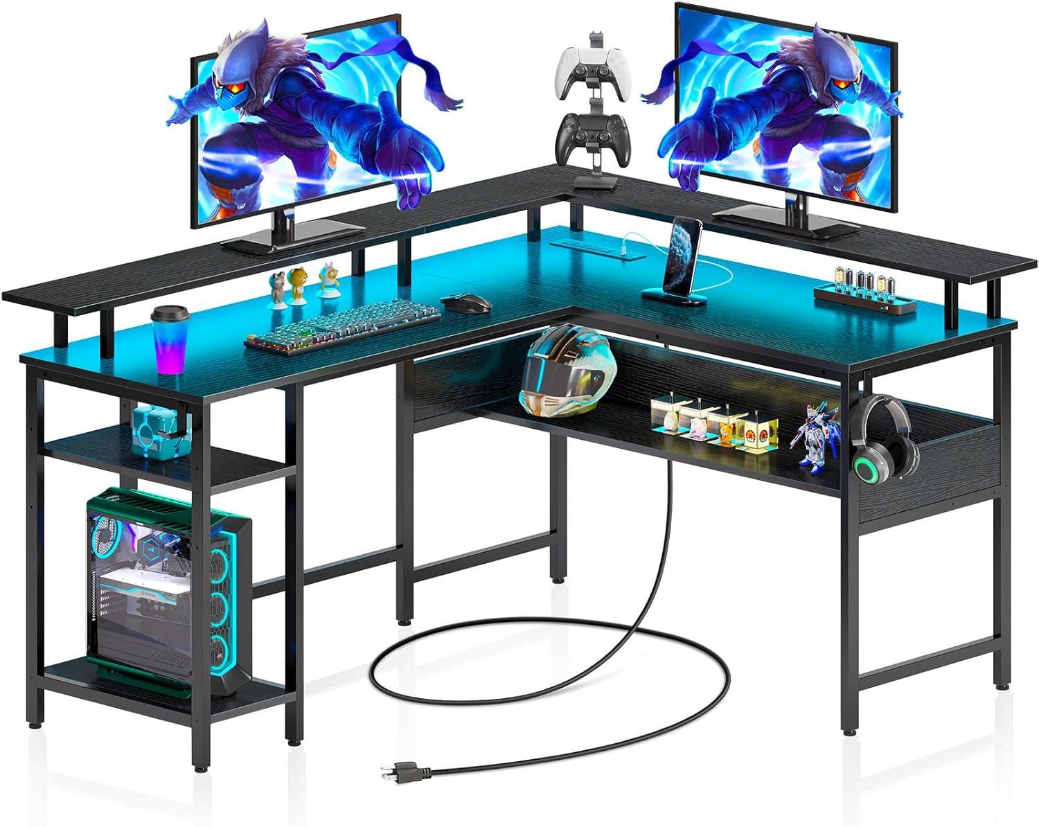 Killeryuki Computer Desk L Shaped 56.7" with LED Lights and Power Outlets, Reversible L Shaped Gaming Desk with Monitor Stand, Home Office Desk with Storage, Desk with USB Port and Hook, Black