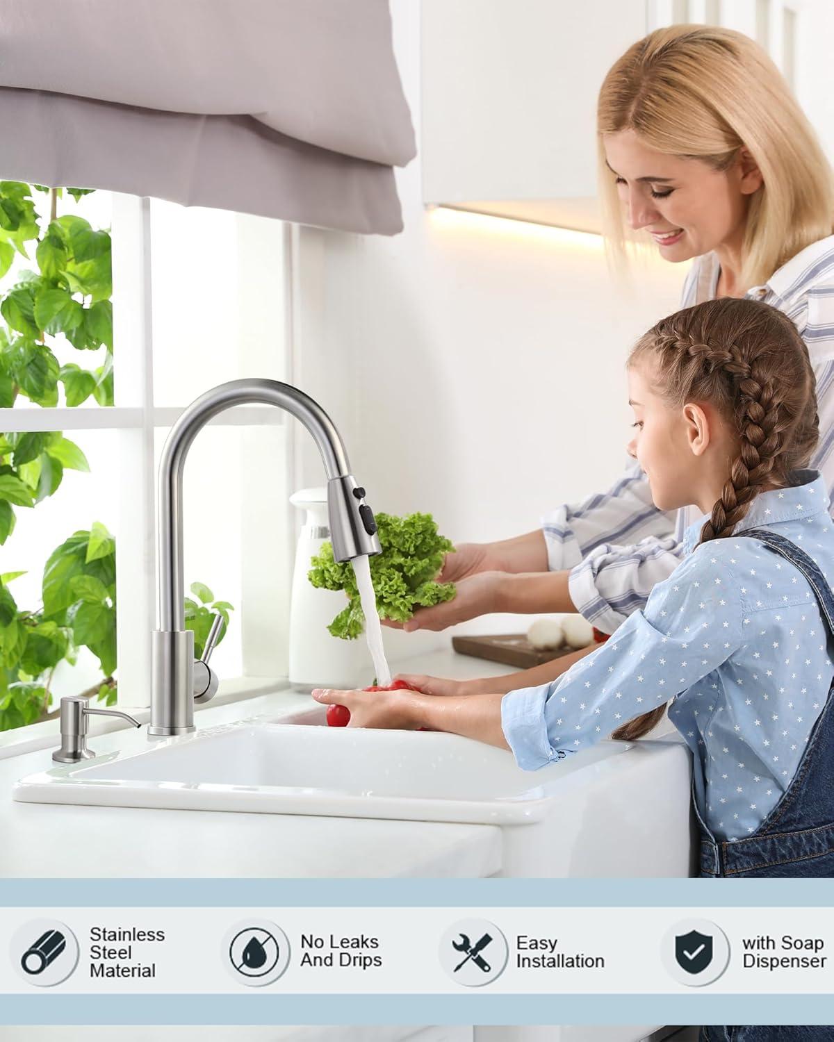 WOWOW Pull Down Kitchen Faucet with Soap Dispenser