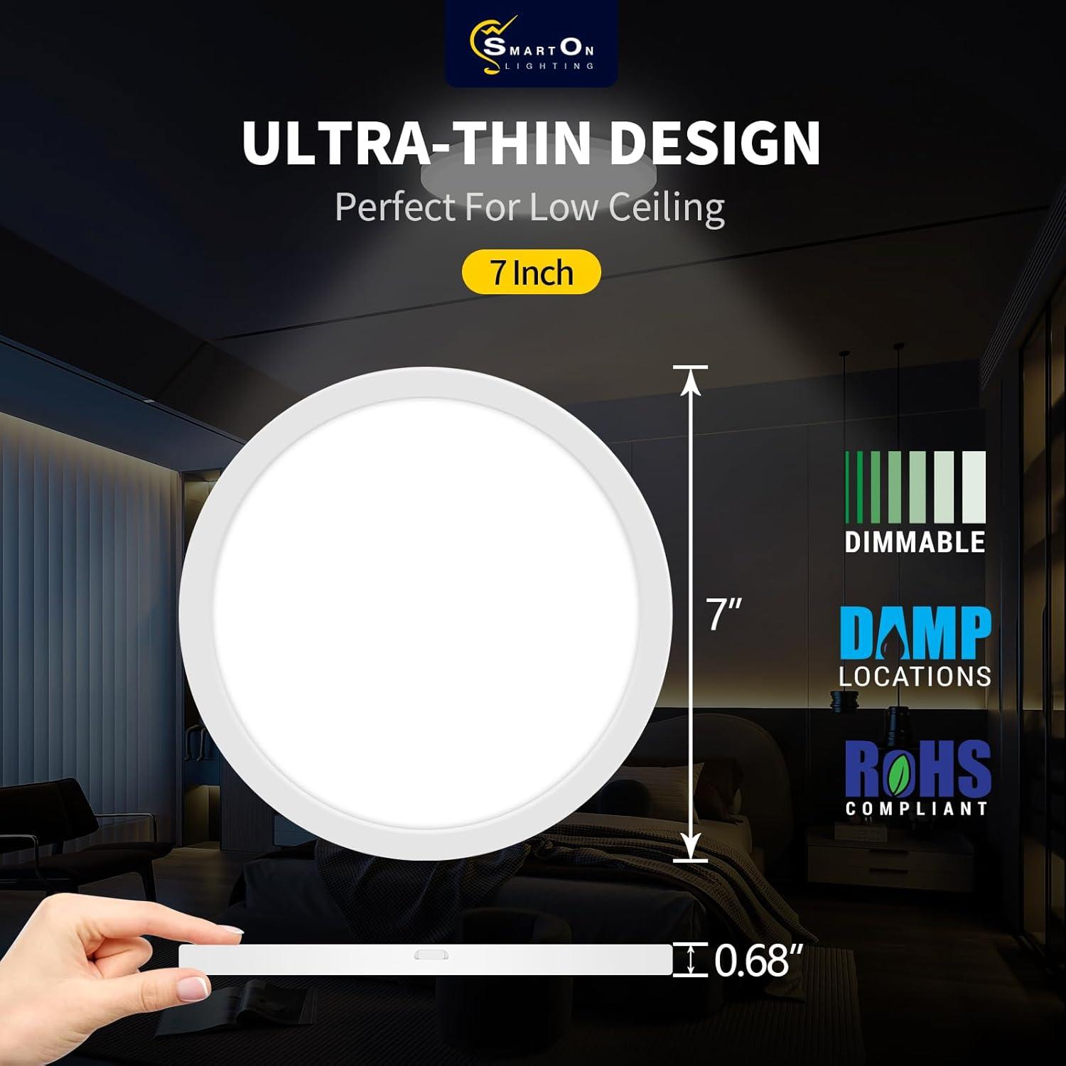 7 Inch Flush Mount LED Ceiling Light Fixture White, 14Watt, Dimmable & 2700K-5000K 5 Color Selectable Ceiling Light Fixtures Flush Mount 90+ CRI Low Profile Ceiling Light for Kitchen
