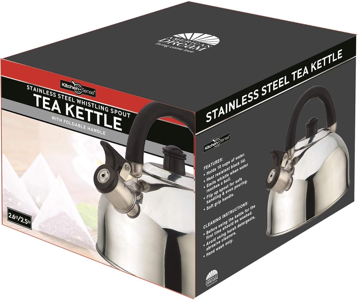 Dependable Industries Classic Stainless Steel Whistling Tea Kettle Silver Shiny Finish with Bakelite Handles BPA Free 2.5qt/2.37l