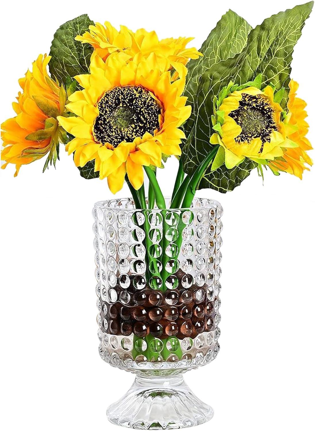 7 Inch Modern Glass Vase with Embossed Ribbed Base - Clear Hydroponic Design for Home Decor, Weddings Party Living Room, Dining Table Floral Arrangement Centerpiece
