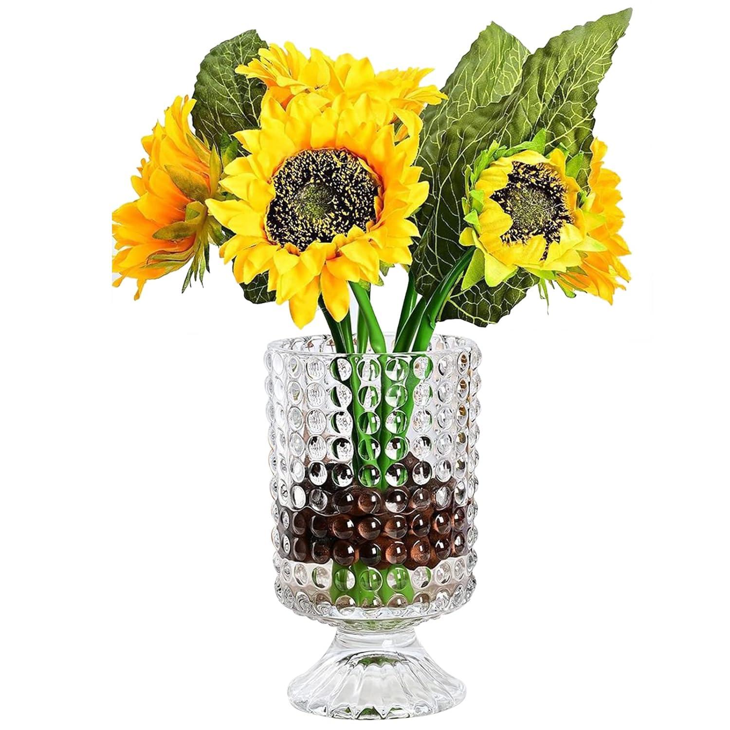 7 Inch Modern Glass Vase with Embossed Ribbed Base - Clear Hydroponic Design for Home Decor, Weddings Party Living Room, Dining Table Floral Arrangement Centerpiece