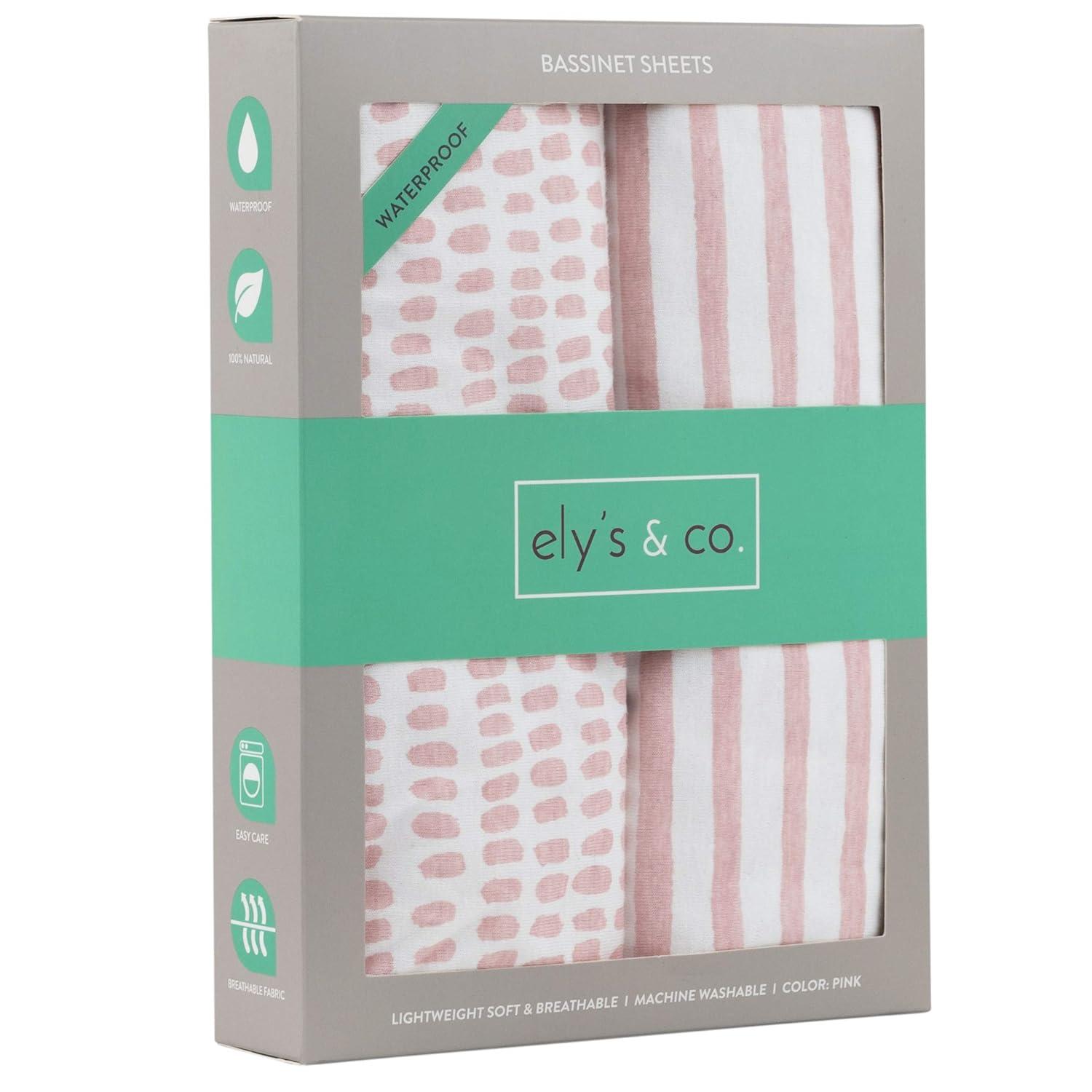 Ely's & Co. Baby Fitted Waterproof Crib Sheet  100% Combed Jersey Cotton  Mauve Pink Stripes & Splash 2 Pack