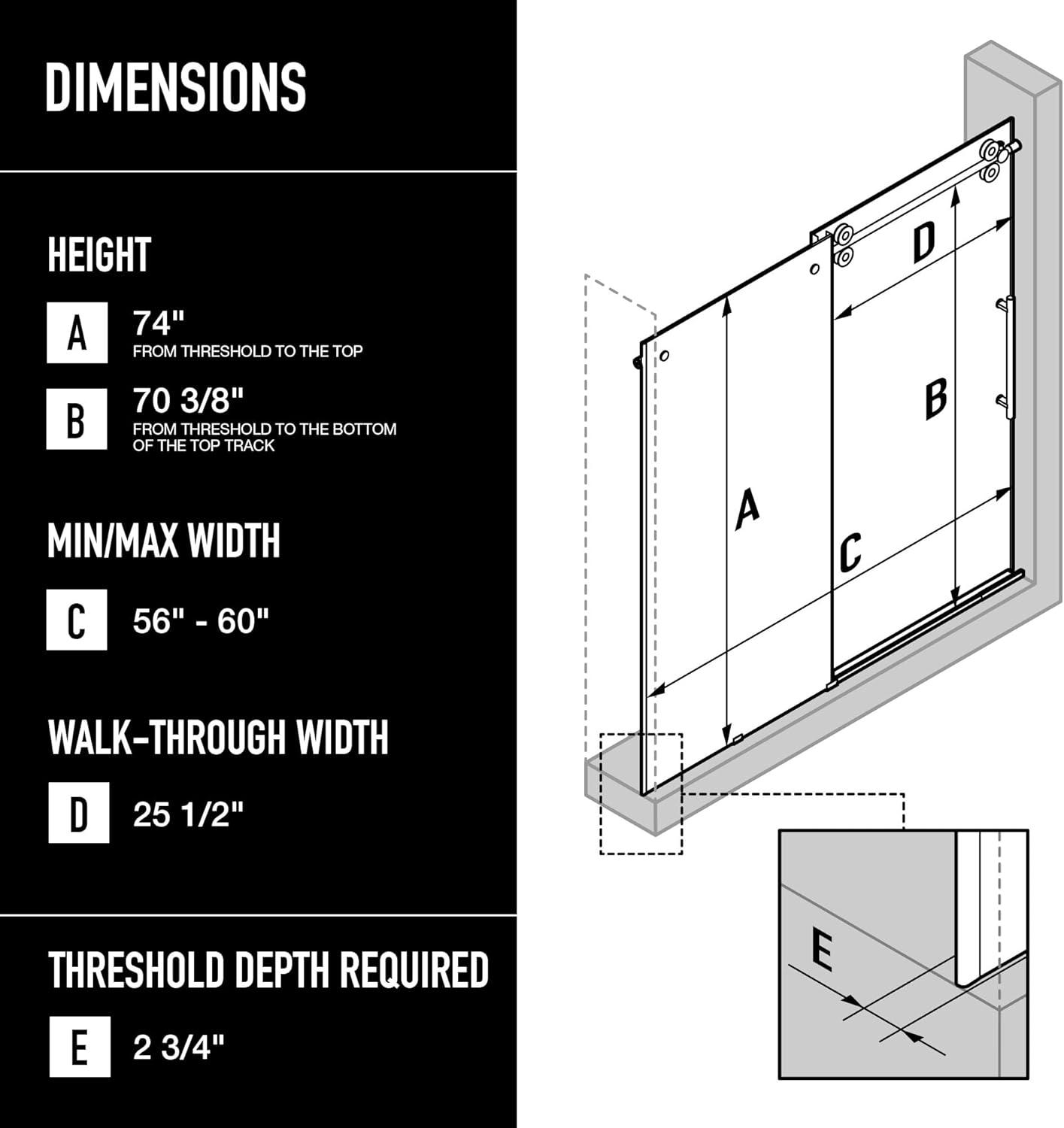 Elan 56-60" W x 74" H Sliding Frameless Shower Door with 3/8" Clear Glass