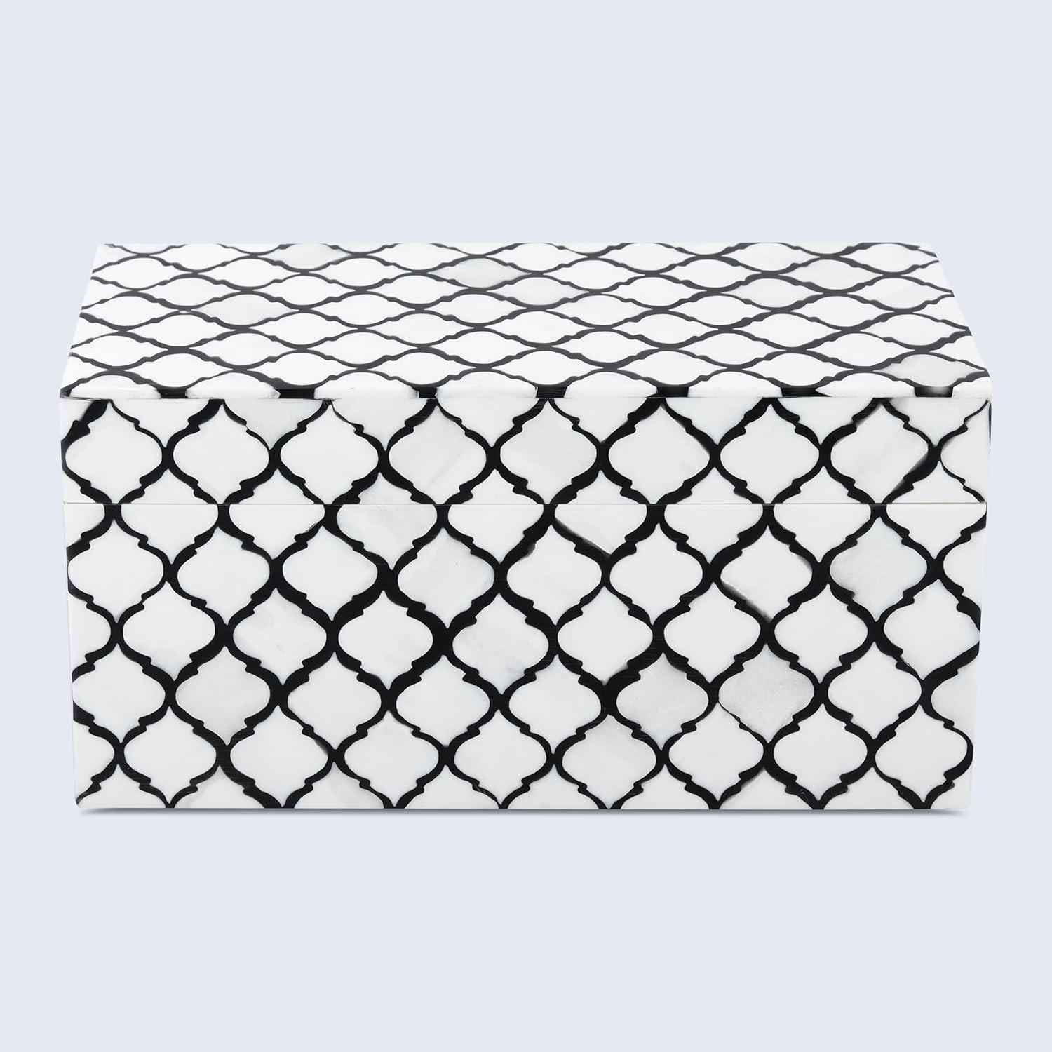 HANDICRAFTS HOME Moroccan Pattern Inspired Collection, Storage Organizer Decorative Box Multipurpose Gift - Moroccan B&W 10x5x5 inch