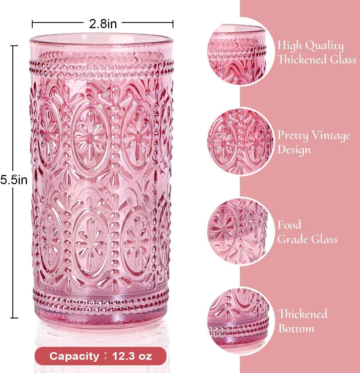 Drinking Highball Beverage Glass Cup, Vintage Drinking Glasses, Colored Glassware Set for Party Wedding Home Office Gift, Set of 4 ,Pink