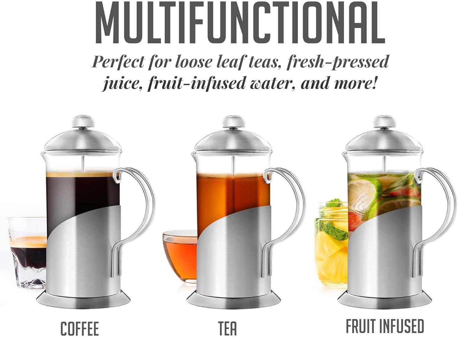 OVENTE French Press Coffee Maker, 4 Level Stainless Steel Filter System, Borosilicate Heat Resistant Glass Carafe with Free Measuring Scoop, Silver