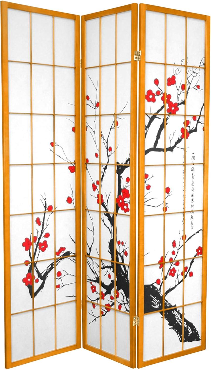 Honey Spruce 3-Panel Shoji Room Divider with Cherry Blossom Design