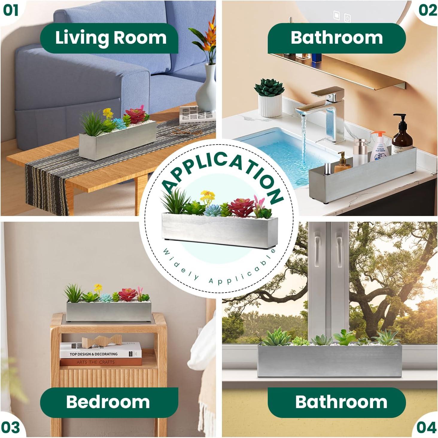 16" Window Box Rectangular Succulent Planting Box Metal Table Sill Planter Pots Modern Long Durable for Small Herb with Drainage Hole for Indoor Outdoor, with 4 Free Rubber Mats, White