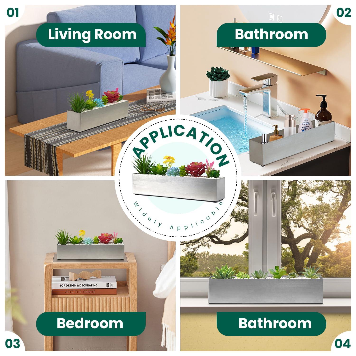 16" Window Box Rectangular Succulent Planting Box Metal Table Sill Planter Pots Modern Long Durable for Small Herb with Drainage Hole for Indoor Outdoor, with 4 Free Rubber Mats, White