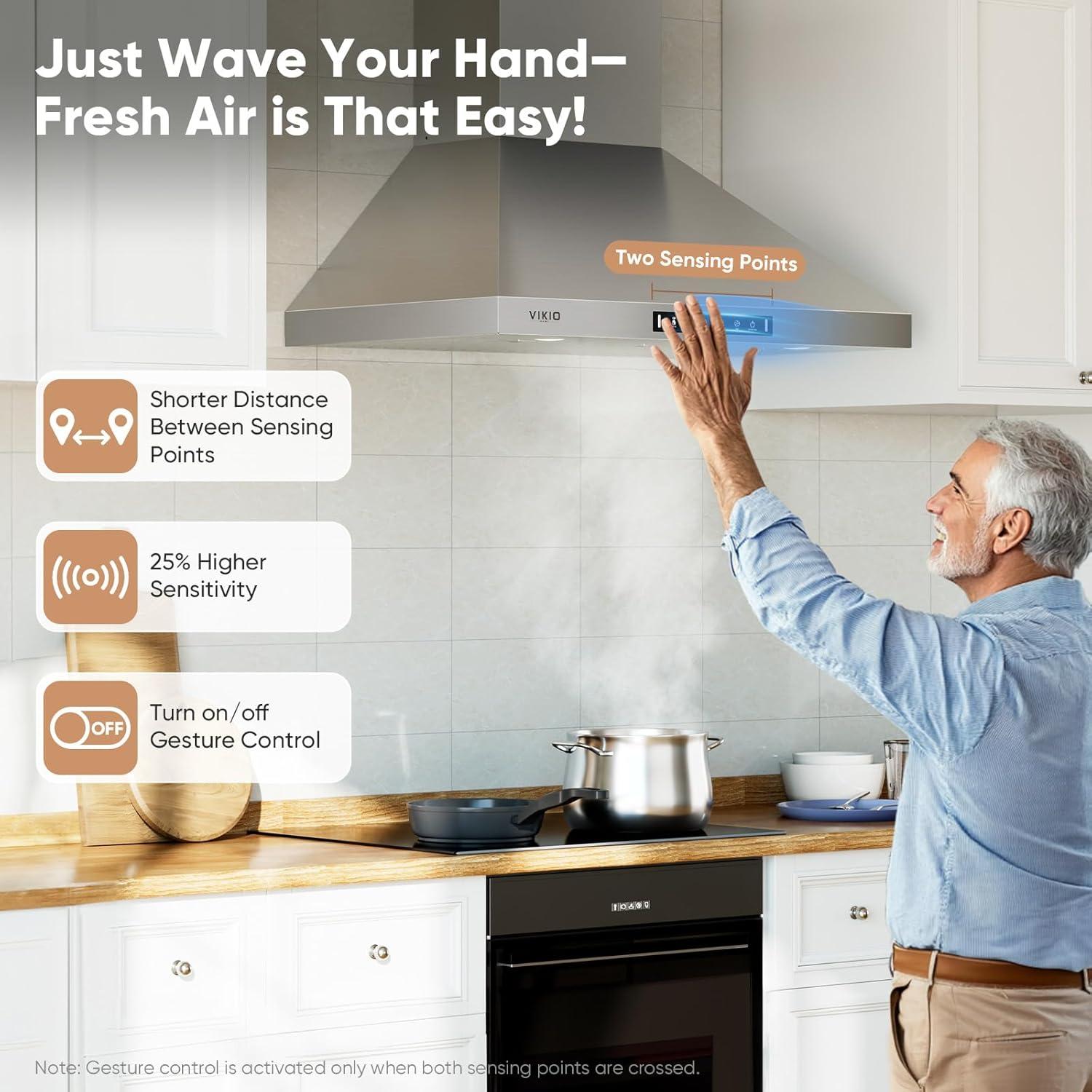 30 in. 900 CFM Convertible Wall Mount Range Hood in Stainless Steel with LED Lights, Carbon Filters and Touch, Gesture