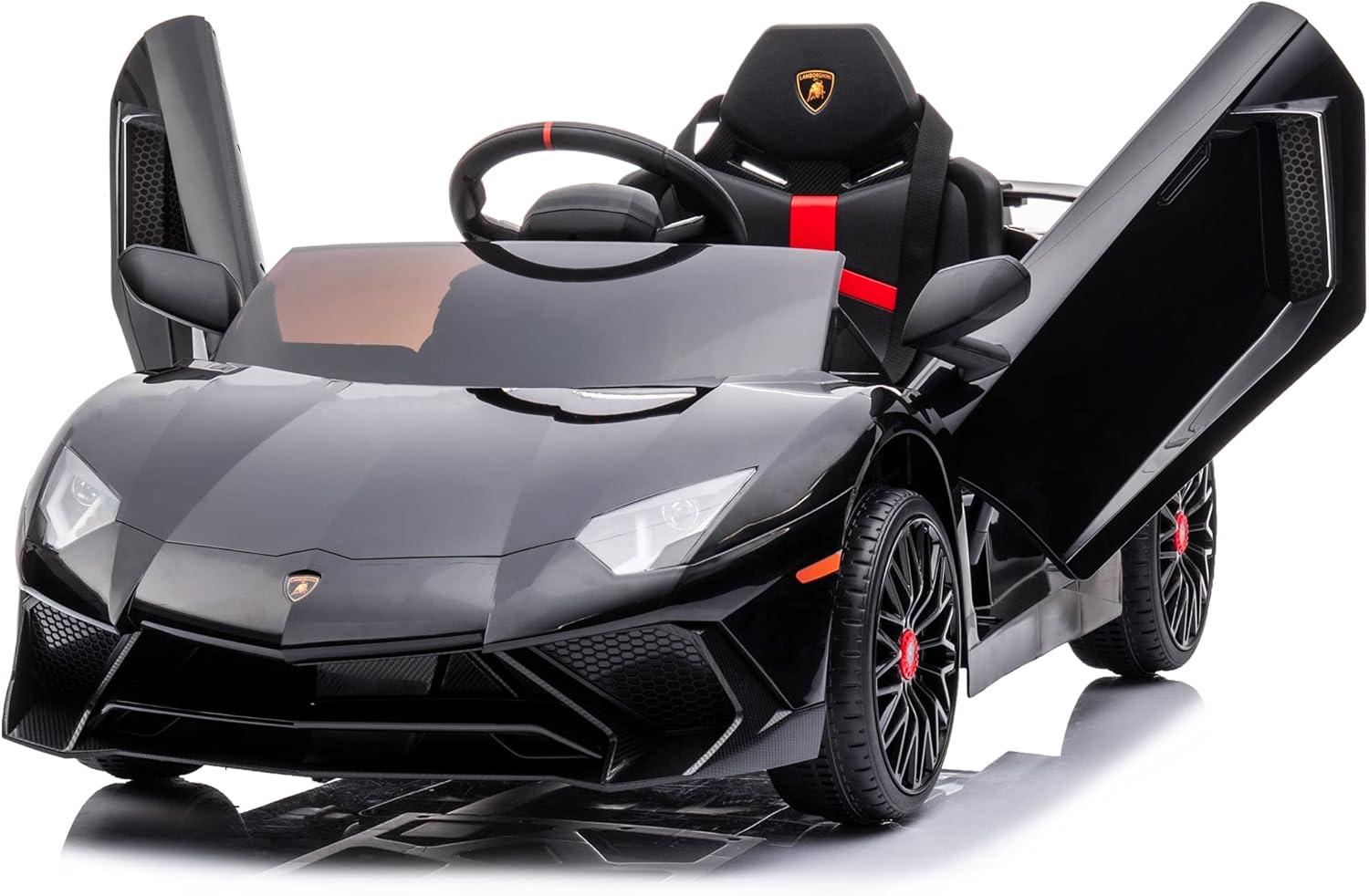 Kidzone Kids Electric Ride On 12V Licensed Lamborghini Aventador SV Battery Powered Sports Car Toy W/ 2 Speeds, Parent Control, Sound System, LED Headlights & Hydraulic Doors, Black