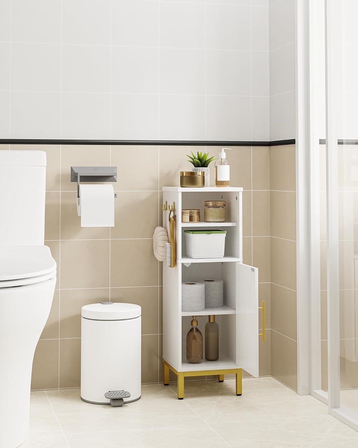 Bathroom Storage Cabinet, Corner Floor Cabinet with Door & Shelves, 2Hooks, Small Narrow Storage Organizer, Toilet Paper Cabinets for Small Space, White SC06313G