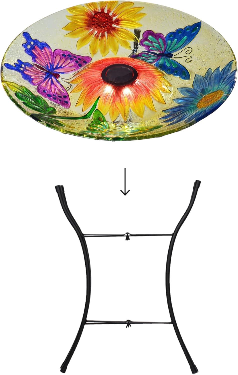 Teamson Home Outdoor 18" Hand painted Butterfly Fusion Glass Solar Bird Bath w/ Stand