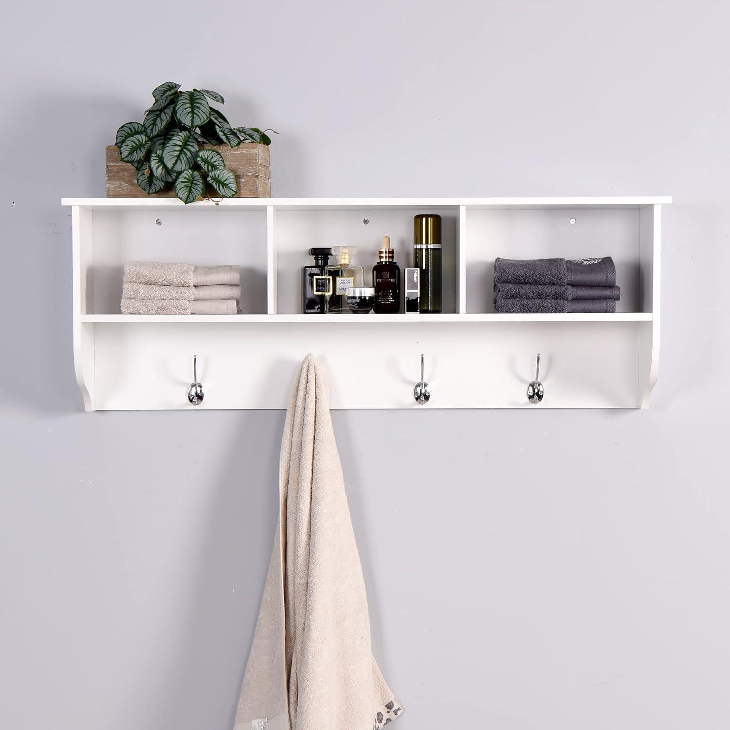 BaytoCare White Entryway Wall Mounted Coat Rack with 4 Dual Hooks Living Room Wooden Storage Shelf