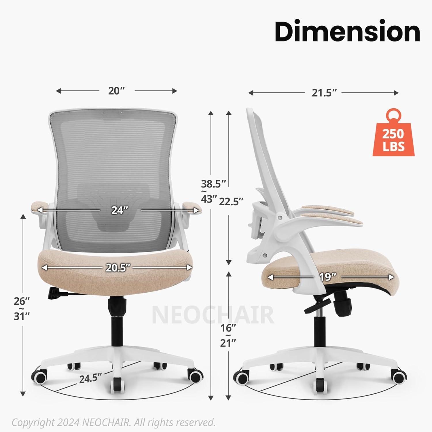 Neo Chair Ergonomic High Back Office Chair with Flip-up Arms Adjustable Lumbar Support, Beige