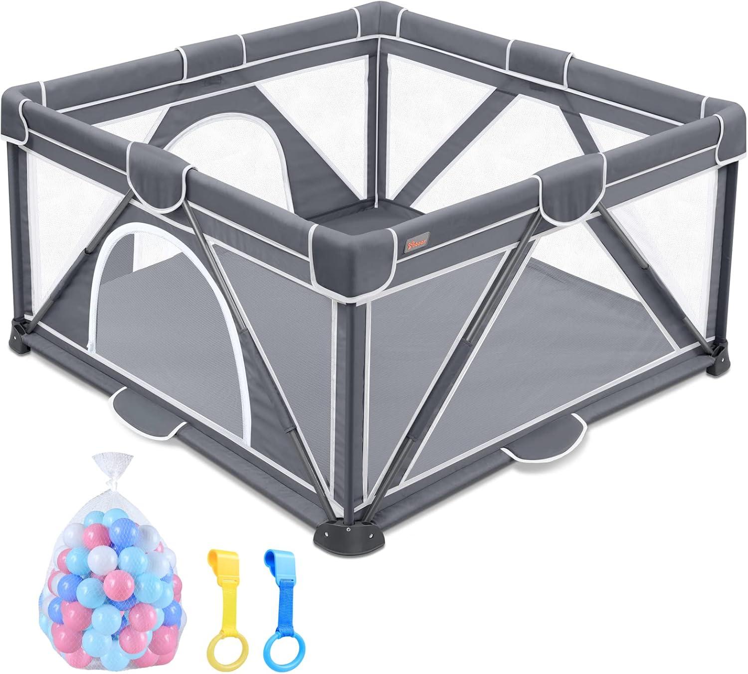 Yobear Foldable Baby Playpen, Yobear Playpen For Babies And Toddlers With 50 Pcs Ocean Balls & 2 Handles, Indoor & Outdoor Kids Safety Play Pen Area, Portable Travel Play Yard