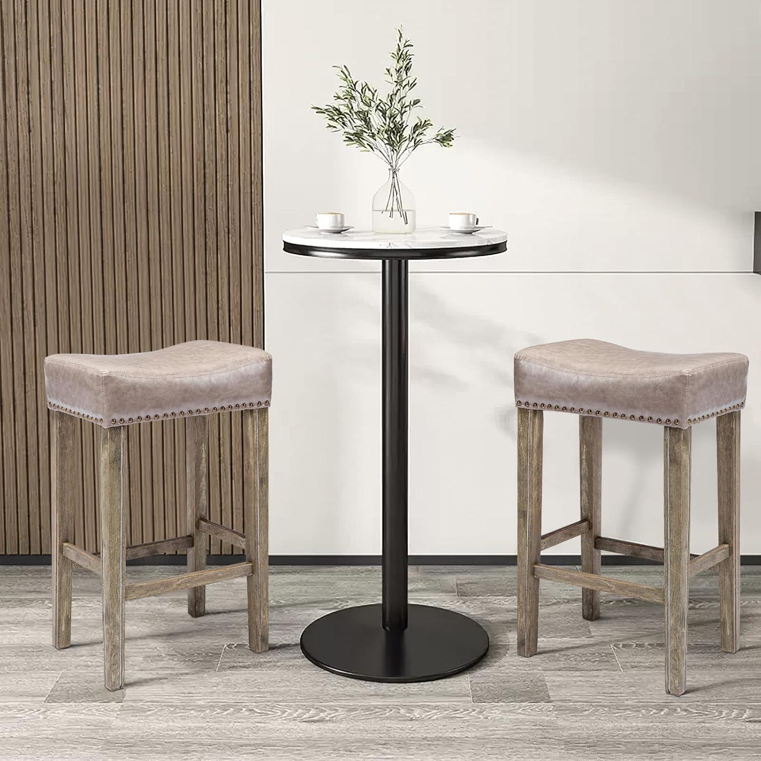 Bar Stools Set of 2, 26" Faux PU Leather Upholstered Counter Height Backless Saddle Stools with Nailhead Trims and Solid Wood Legs Farmhouse Island Chairs for Kitchen Dining Room Pub, Gray